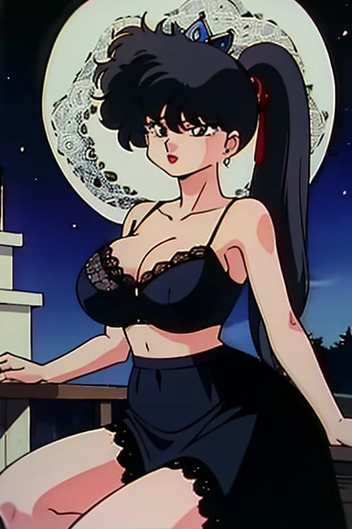highest quality, High resolution, 1990s \(style\), retro artstyle, 1990s anime cels style, night, Huge breasts, Curvy, Sitting, black lace bra, Black lace panties, garter belt, ponytail, (Dressed:1.3), tiara, jewelry, Earrings