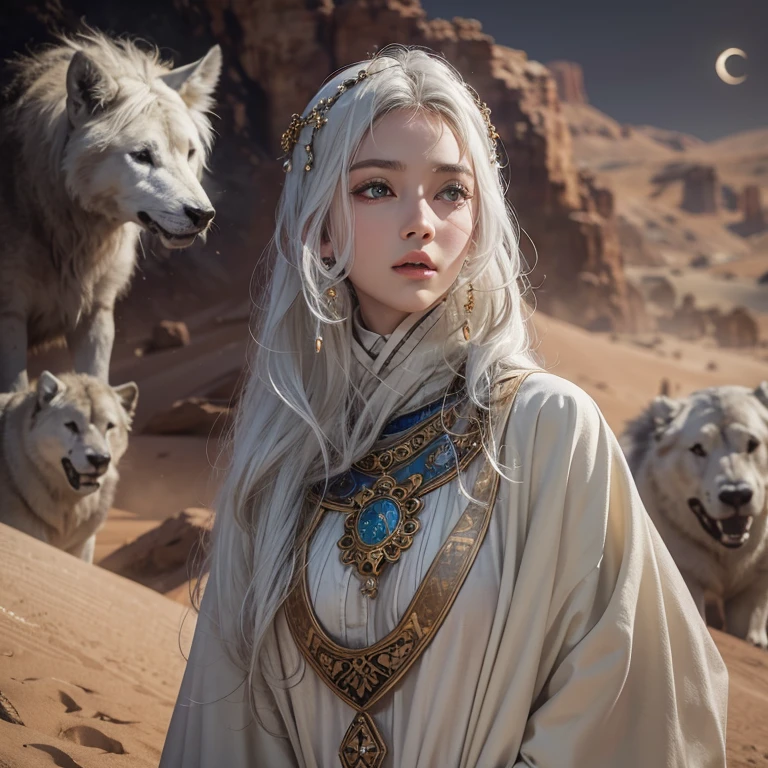 (highest quality、masterpiece、8k、Best image quality、Ultra-high resolution、Award-winning works)、A beautiful white-haired woman watches us from afar in the desert, Where light shines from the moon.、Ancient Islamic clothing、Beautiful face drawn in every detail, There's a real wolf next to her