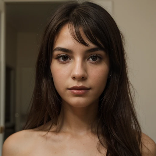 face of a woman of Portuguese origin , 20 , au long cheveux noir , des yeux couleur noisette , des levre pulpeuse