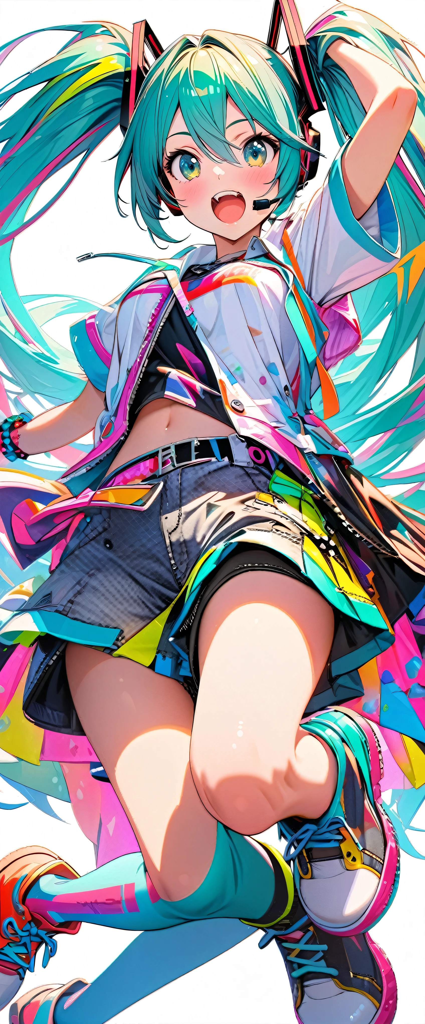 hatsune_miku, jumping, pop clothes, belt on right leg, colorful, bright, perfect hand, simple white background, ultra detailed, 8k