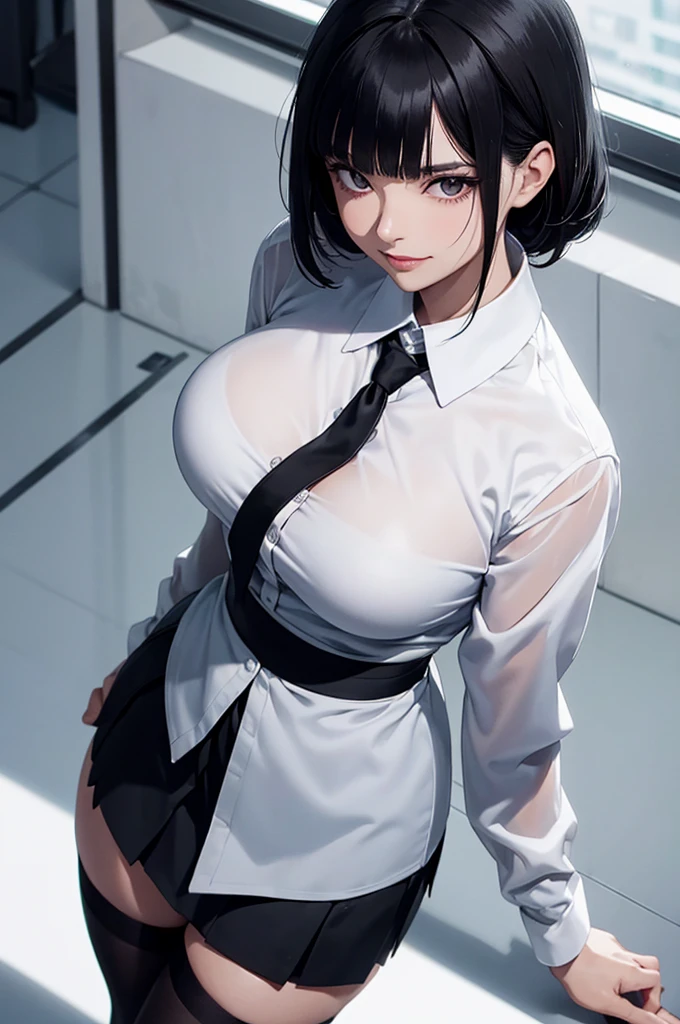 solo,juri han, work of art, tight white secretary shirt with black tie, black high waist skirt, short skirt, black hair, black tights,evil smile,office,franja nos olhos,lighting,chifre de cabelos,view from above,olhando para cima,maquiagem nos olhos
