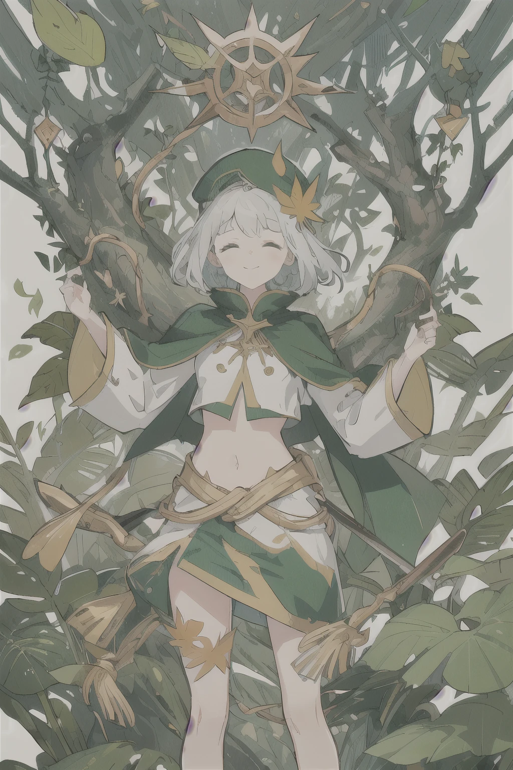 fantasy, 1forest林_element_girl, Fighting, (use_Leaves_clothing, green_Leaves_cover, Leaves_cover_Cat)+++,Dynamic_posture_permanent, Light_Smile, Sleepy, Moderate_hair, belly button,(dark_skin)+, Oil, (Winding_vine_About_trunk)++,,forest, Trees_background, Leaves_hat, green_Leaves_cape, catch_Large target_long_staff, thigh,( (8K:1.27), Top quality, masterpiece, Ultra-high resolution:1.2) Photo of a cute girl (beautiful:1.1),((best quality)), ((masterpiece)), (detailed), Perfect face