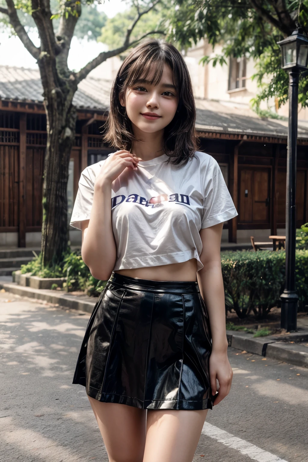 Realistic, High resolution, 1 female, Glowing Skin, alone, Wide lips,Color Contact Lenses,Weight 40kg,round face,Full Body Shot,Realistic skin texture,Genuine,Detailed face,Mr.々A pose,Female college student,Young face,Idol body type,Snow-white skin,short hair,Wavy Hair,18-year-old,Outdoor,What a lovely smile,shirt,Tight Skirt