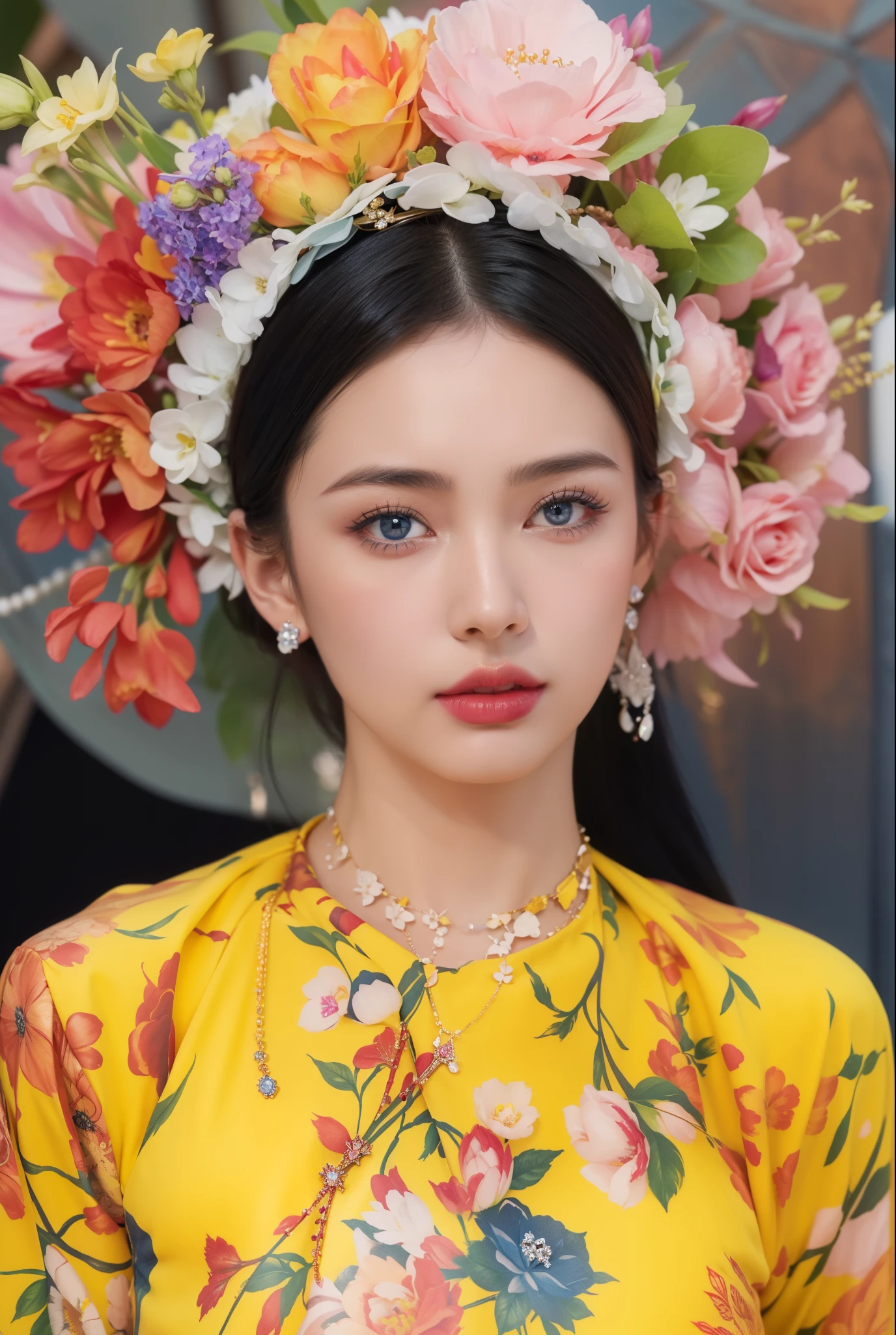 Super detailed, Delicate face, Realistic style, Stock Photography ,  rich and colorful, Surrealism, Realistic textures, Dramatic Lighting, Thin Film Distiller 800 (8K, original photo, Better quality, masterpiece: 1.2), Super detailed, (Extremely delicate skin: 1.2), 8K Ultra HD, SLR camera, Soft Light, high quality，Snow Queen,ice castle，Blue pupils，Apply red lipstick，Tattoo goddess，With tattoo pattern，Ultra-clear portrait，apply lipstick，Wearing necklace jewelry，apply lipstick，Wear heavy makeup，The facial texture is very clear，Beautiful tattoos on the body，Deep blue eyes(Sapphire-like pupils)，A crown of luxury，Diamond necklace，Wearing a flower crown on his head