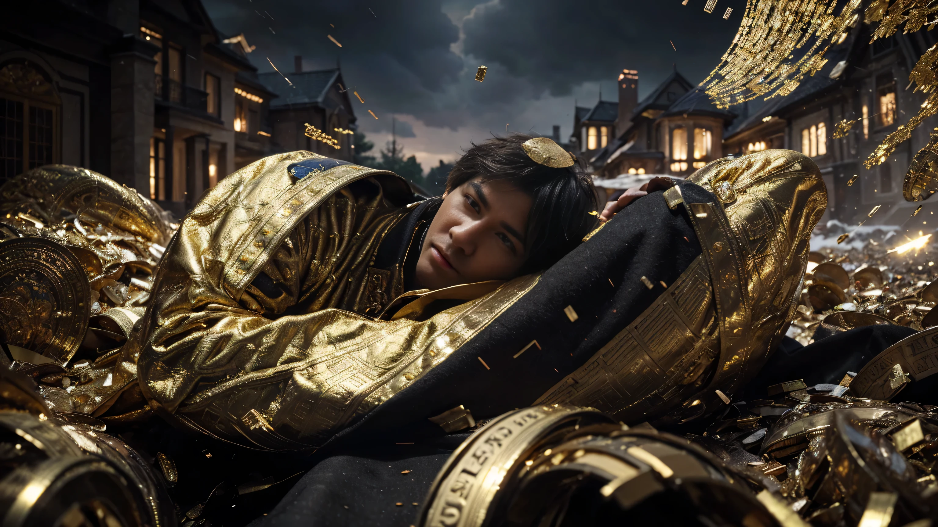 a man in front of a mansion full of gold coins falling from the sky, ultra detailed image, realism, 8k, hyper detailed skin, intense and vivid colors.
