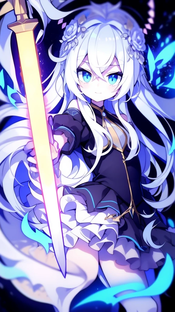 girl,k hd,4K,face expressionless,style of anime,sideface,blue color eyes,white color hair,((full body)),Confused eyes,(default character)SD character, masterpiece,best quality,ultra detailed,4K,super fine illustration,highly detailed beautiful face and eyes,cyan color scheme, lighting,fantasy,extremely solemn atmosphere,long hair,floating hair,smirk,fighting stance,dynamic pose,(holding glowing sword:1.3),particle light,luminescence,plasma,electric current,blue flame,sense of depth,dynamic angle,