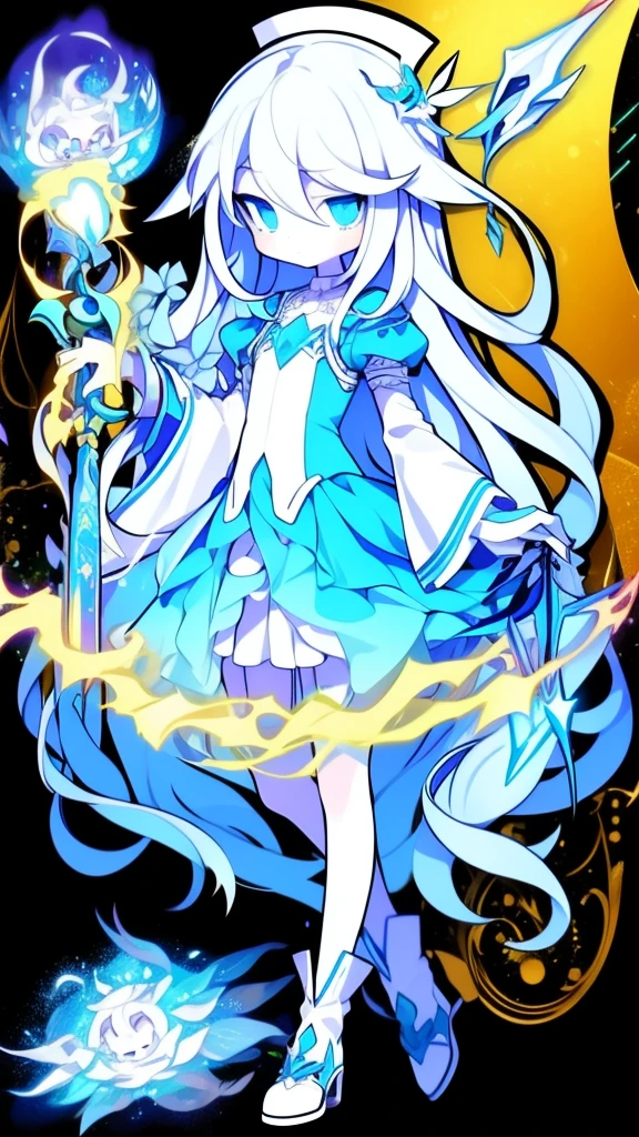 girl,k hd,4K,face expressionless,style of anime,sideface,blue color eyes,white color hair,((full body)),Confused eyes,(default character)SD character, masterpiece,best quality,ultra detailed,4K,super fine illustration,highly detailed beautiful face and eyes,cyan color scheme, lighting,fantasy,extremely solemn atmosphere,long hair,floating hair,smirk,fighting stance,dynamic pose,(holding glowing sword:1.3),particle light,luminescence,plasma,electric current,blue flame,sense of depth,dynamic angle,