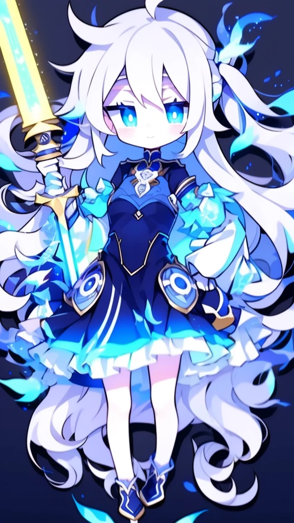 girl,k hd,4K,face expressionless,style of anime,sideface,blue color eyes,white color hair,((full body)),Confused eyes,(default character)SD character, masterpiece,best quality,ultra detailed,4K,super fine illustration,highly detailed beautiful face and eyes,cyan color scheme, lighting,fantasy,extremely solemn atmosphere,long hair,floating hair,smirk,fighting stance,dynamic pose,(holding glowing sword:1.3),particle light,luminescence,plasma,electric current,blue flame,sense of depth,dynamic angle,