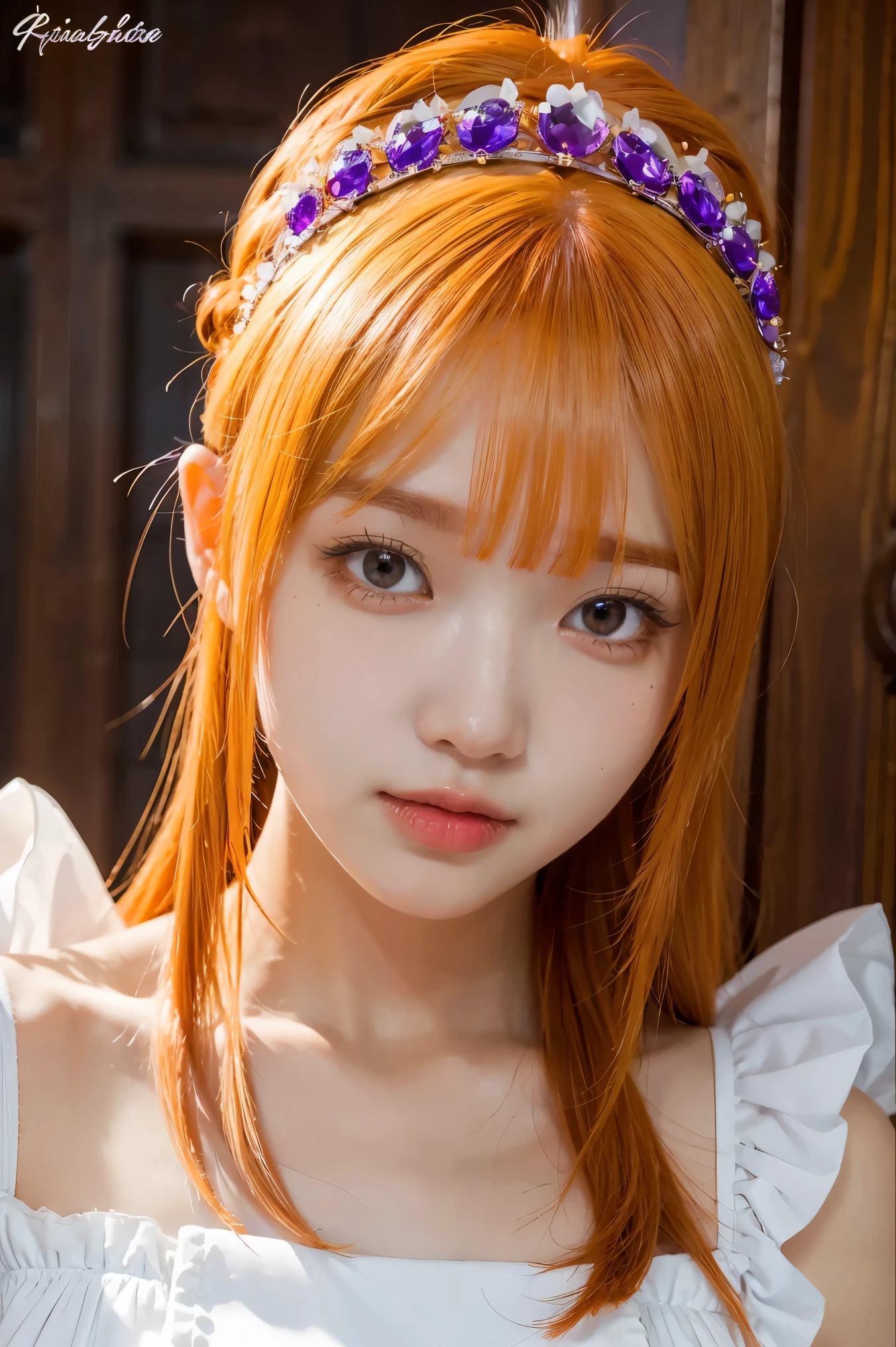 masterpiece, best quality, 1girl, purple eyes, orange hair,maid headdress, maid,