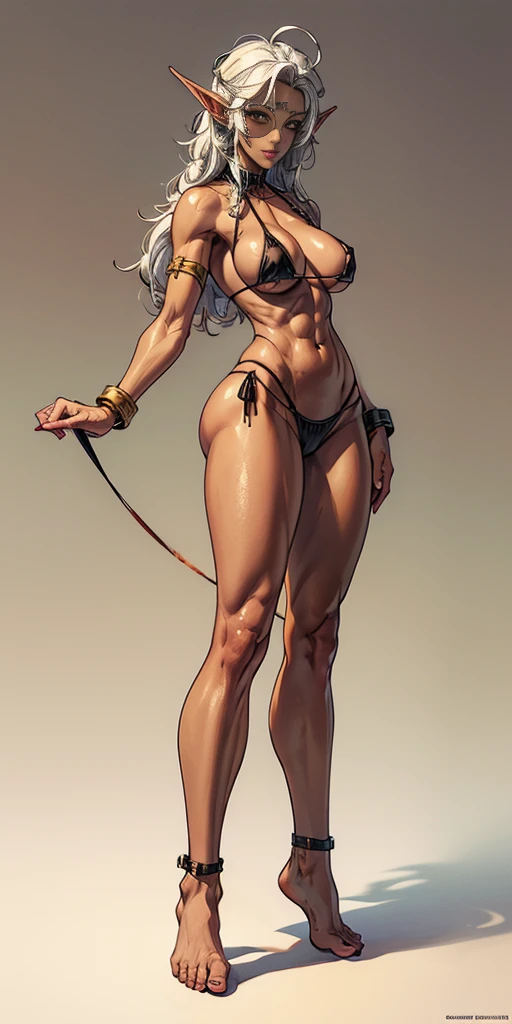 (Masterpiece, plain background:1.2) Female full body, standing straight symmetrical feet together, blood dark elf, dark skin, long messy white hair, short elf ears, circlet, yellow eyes, 1990s (style), female 1sologirl slingshot micro bikini, barefoot, bare handcuffs, shackles wristbands, bracers, bracelets, pauldrons metal shoulders