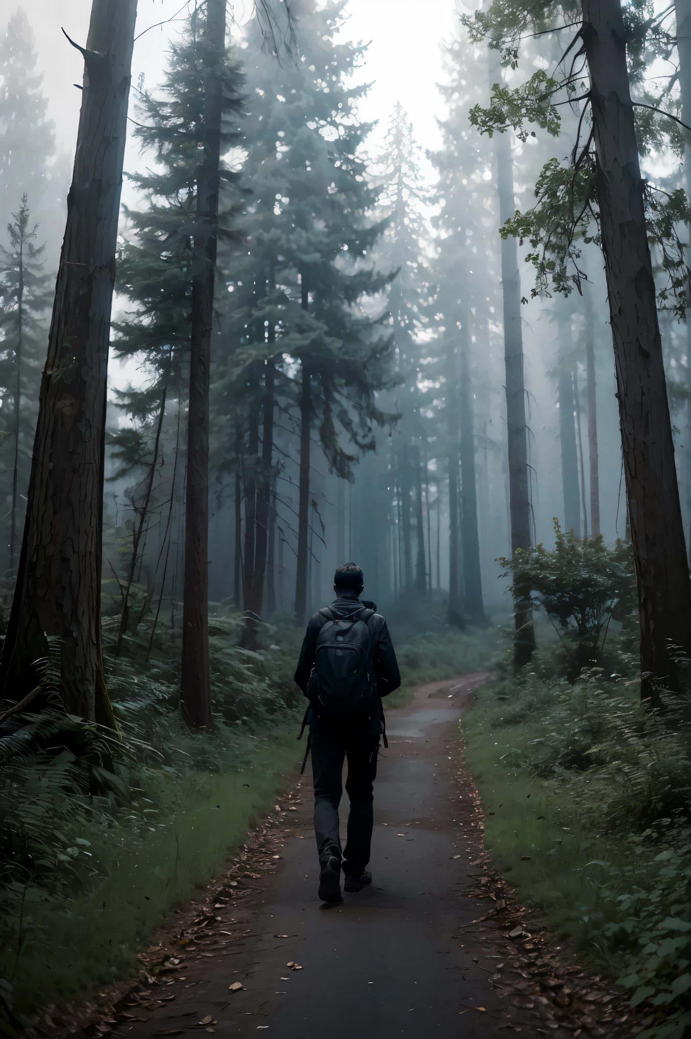 there is a solo man walking in the woods with a backpack, old house, stefan koidl inspired, bussiere rutkowski andreas rocha, by maxim verehin, inspired by maxim verehin, inspired by Tomasz Jedruszek, dark cinematic concept art, eerie nostalgic concept art, inspired by Igor Kieryluk, inspired by Ismail Inceoglu