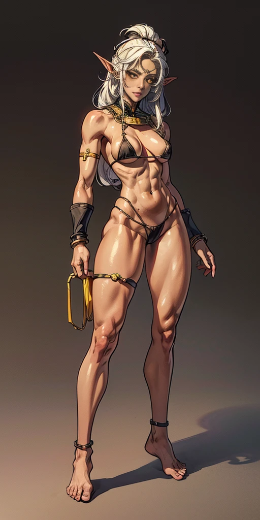 (Masterpiece, plain background:1.2) Female full body, standing straight symmetrical feet together, blood dark elf, dark skin, long messy white hair, short elf ears, circlet, yellow eyes, 1990s (style), female 1sologirl slingshot micro bikini, barefoot, bare handcuffs, shackles wristbands, bracers, bracelets, pauldrons metal shoulders