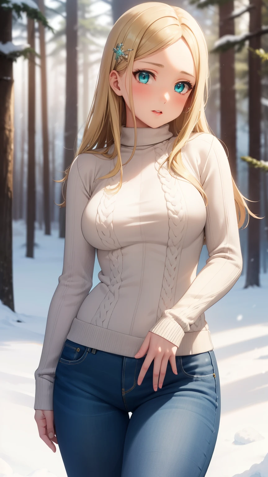 masterpiece, best quality, highly detailed, ultra high res, ayase arisa, 1girl, solo, hair ornament, long blonde hair, glossy lips, medium breasts, aqua eyes, snowy forest, knit sweater, jeans