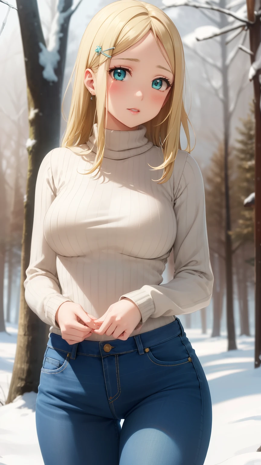 masterpiece, best quality, highly detailed, ultra high res, ayase arisa, 1girl, solo, hair ornament, long blonde hair, glossy lips, medium breasts, aqua eyes, snowy forest, knit sweater, jeans