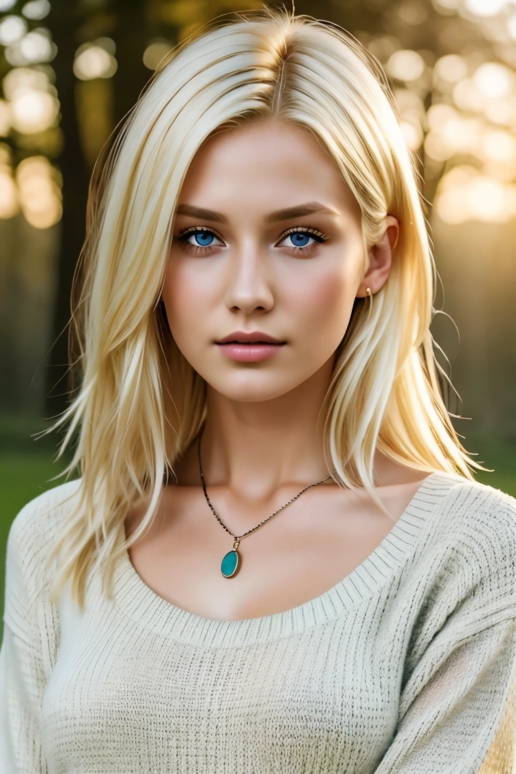 One Girl, 19 years old, alone, Long Hair, huge , View Viewer, Blonde, short hair, Small Bust, Detailed eyes, Upper Body, necklace, sweater, Outdoor, Realistic, sexy