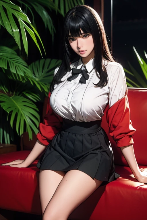 sit in tropical rainforest , steam , waistband of skirt is at the point above chest , Tight shirt , white Shirt , school girl , skirt under breasts , skirt is near breasts area , skirt is adjacent to the chest , jabami yumeko, black hair, long hair, blunt bangs , red jacket, shirt, black skirt