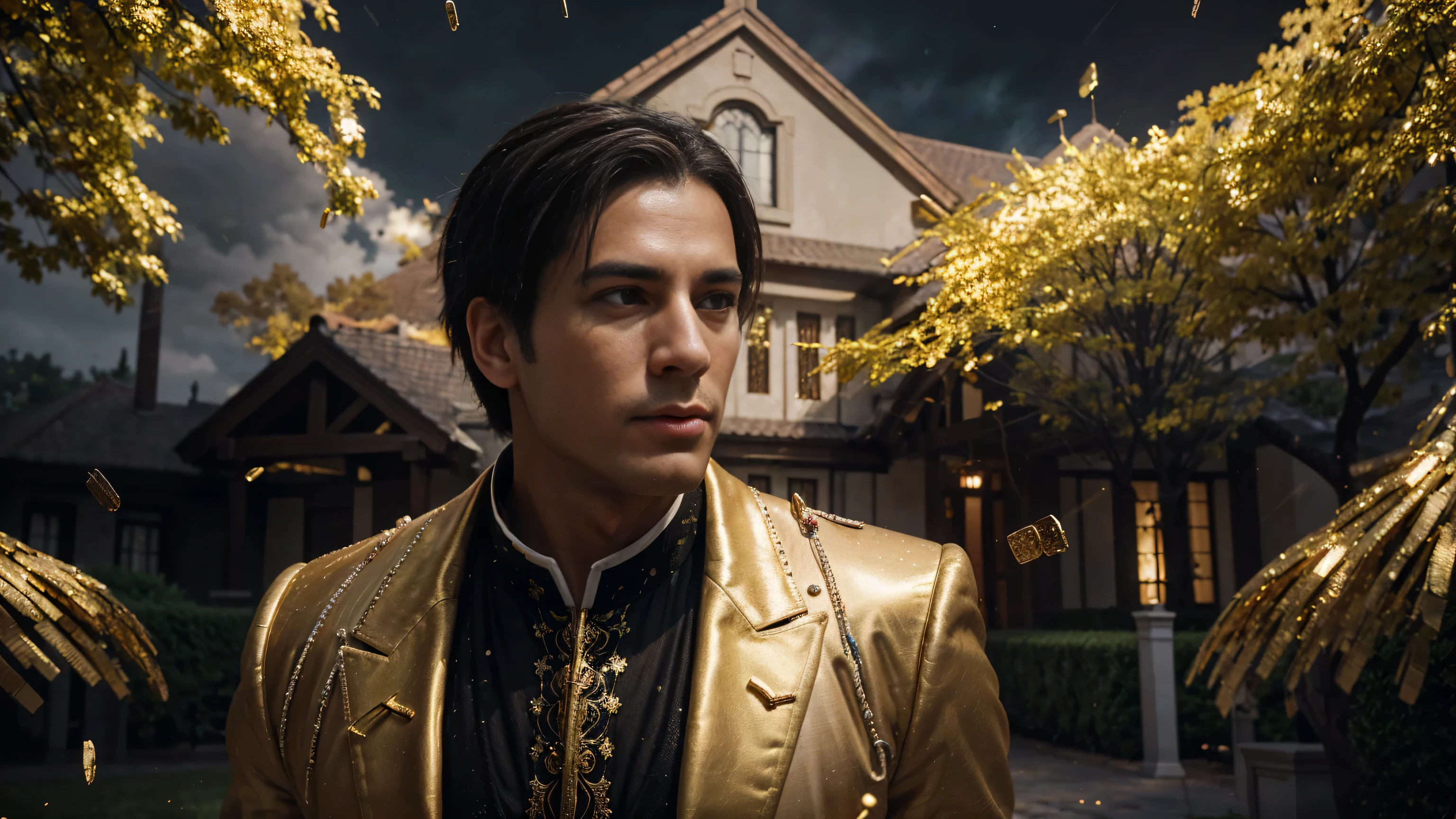 a man in front of a mansion full of gold coins falling from the sky, ultra detailed image, realism, 8k, hyper detailed skin, intense and vivid colors.