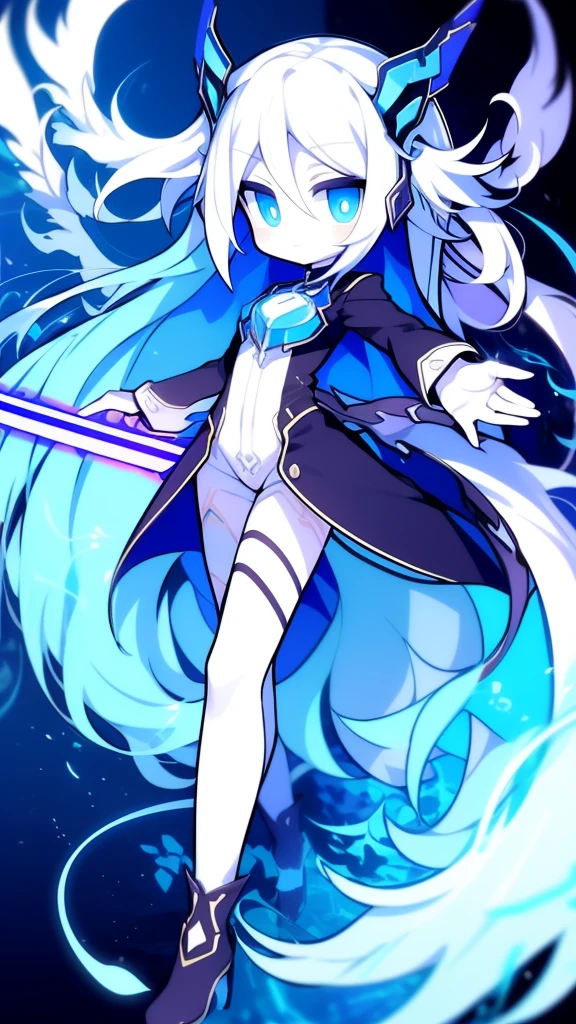 girl,k hd,4K,face expressionless,style of anime,sideface,blue color eyes,white color hair,((full body)),Confused eyes,(default character)SD character, masterpiece,best quality,ultra detailed,4K,super fine illustration,highly detailed beautiful face and eyes,cyan color scheme, lighting,fantasy,extremely solemn atmosphere,long hair,floating hair,smirk,fighting stance,dynamic pose,(holding glowing sword:1.3),particle light,luminescence,plasma,electric current,blue flame,sense of depth,dynamic angle,