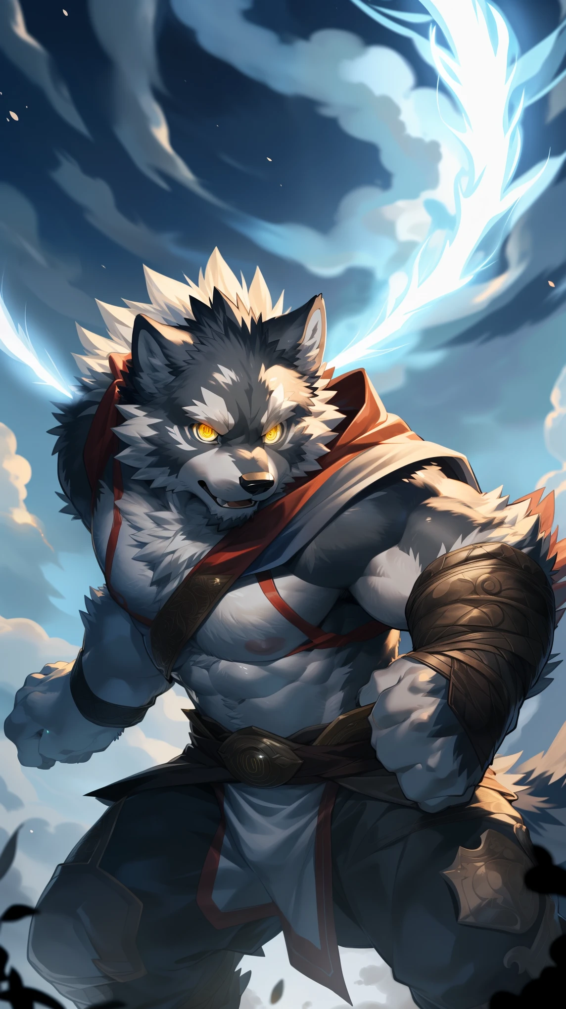 (Dynamic poses:1.6), (ultra deTailed), Clear focus, Niji, Eye contact, (glowing golden pupils:1.4), hairy, (Gray-black fur:1.3), White beard, anthropology (Wolf), male, middle aged, White belly, Tail, muscular, (knight clothing, Silver long cape), ultra deTailed face, high deTails, high quality, (best quality,4k,8K,High resolution,masterpiece:1.2),Bright colors, (close up:1.5), author：Takemoto Arashi, By Camille, From milkytiger1145, by 69panda, Dark Souls boss style, Energy explodes around the body,(Red Halo:1.3),Bloodstained,Dynamic Lighting,Ominous atmosphere,Eerie fog,The existence of threats,Full of horror atmosphere,Dark and Tortured Souls, (enchanted deTail of colors), 8K wallpaper, yang08K, Looking at the audience with fierce eyes
