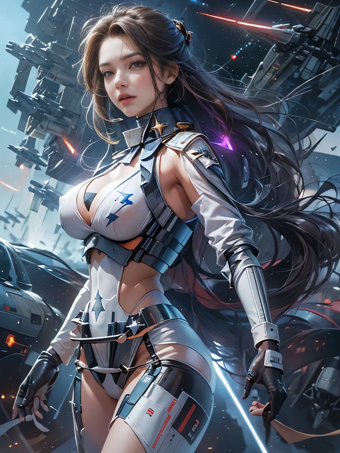 of the highest quality, masutepiece, Ultra High Resolution, (Photorealistic: 1.4), Raw photo, 1 Cyberpunk Girl, Black hair, Glossy skin, 1 Mechanical Girl, (super realistic details)), Full body, Global Illumination, Contrasty, shadowy, Octane Rendering, 8K, ultrasharp, Cleavage exposed, Raw skin, Metal, Intricate decoration details, Japan details, high intricate detailed, Realistic light, Trends in CG, Facing the camera, neon details, Mechanical limbs, blood vessels connected to tubes, Mechanical vertebrae attached to the back, Mechanical cervical attachment to the neck, Wires and cables connecting to the head, Gundam, Small LED lamps.14 years old girl、silber hair、Perfectly round pupils、Tremendous irisディテール, light smile, sexy pose