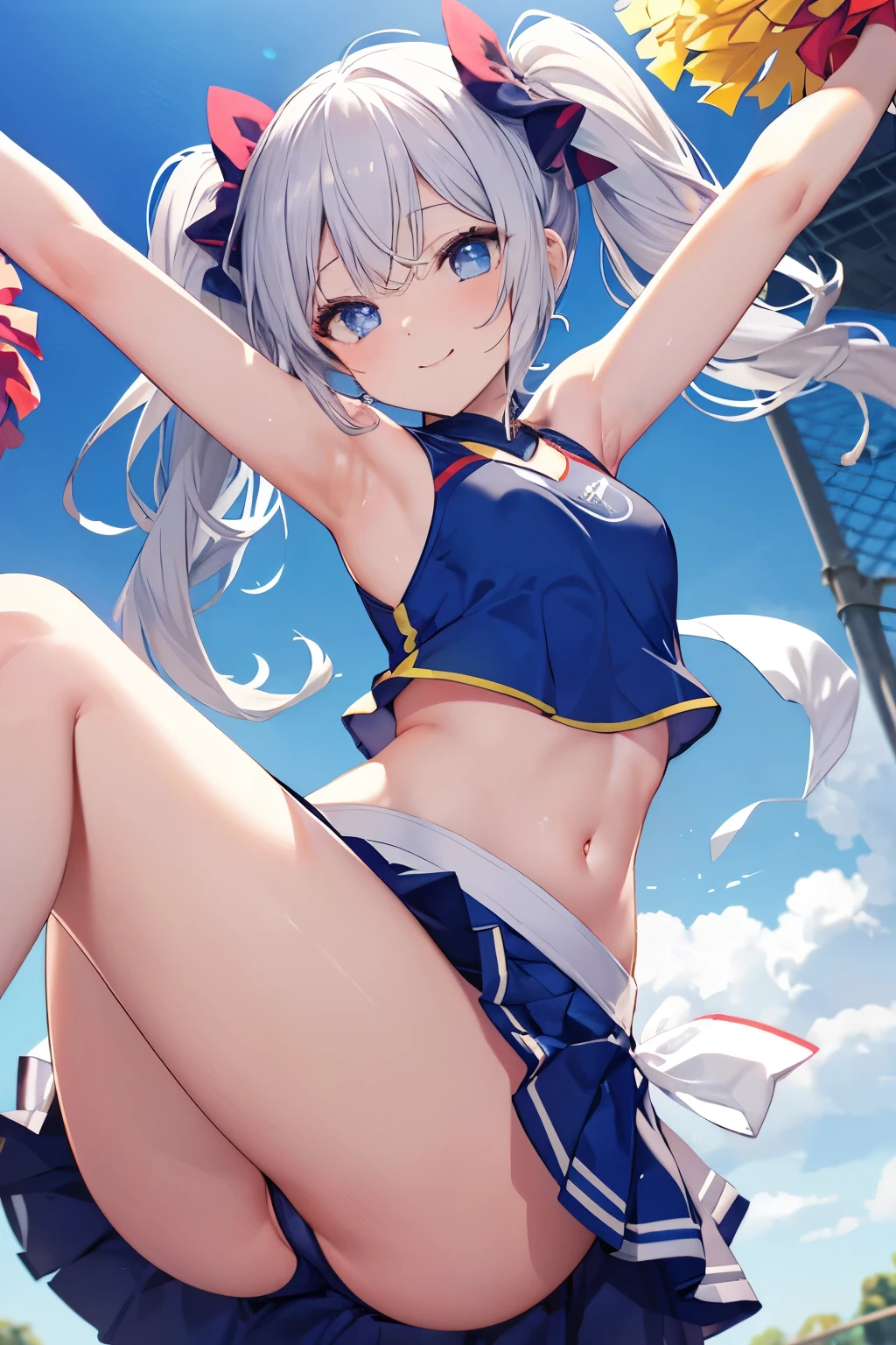 Silver Hair、blue eyes、girl、Small breasts、Twin tails、、girl、Small breasts、ta、Bright smile、Looks about 15 yan Musume、short、目のhighlight、Sexy thighs、Cheerleader、Please show me your armpits、Your eyes are so beautiful、highlight