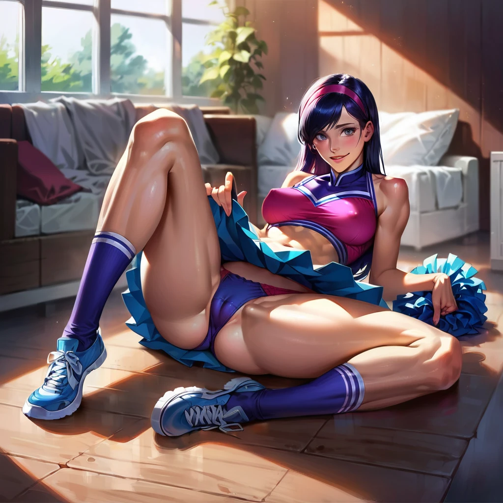 score_9, score_8_up, score_7_up, score_6_up, score_5_up, (high quality, detailed, beautiful), detailed soft lighting, rating_explicit, 1girl, Violet Parr, resting on her bed, looking sexy, beautiful eyes, open eyes, smiling, (cute University cheerleader uniform:1.2), (dusk:1.2), (full body portrait:1.2), panties visible, cameltoe.