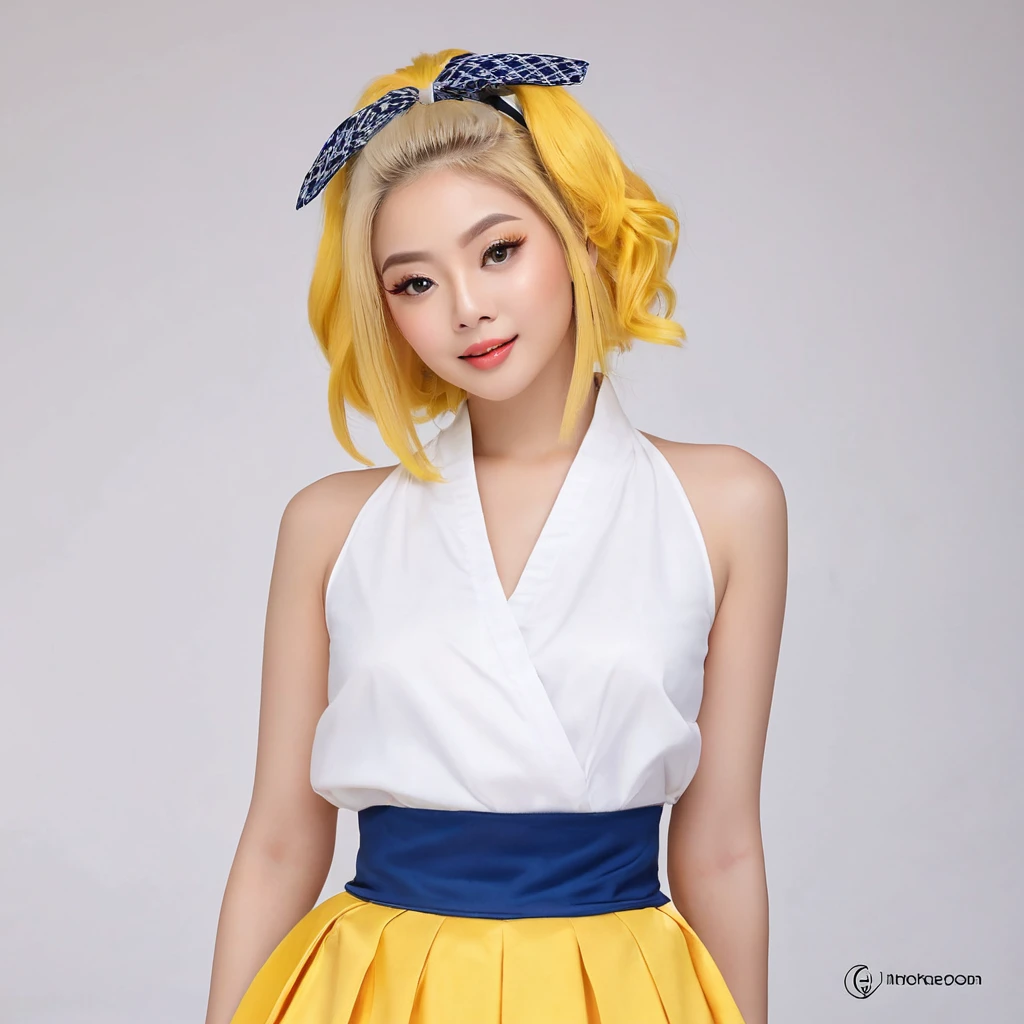 (finely detailed beautiful eyes and detailed face,masterpiece sidelighting,masterpiece,best quality,detailed,high resolution illustration),, (1girl,whole body,lustrous skin,looking down,looking at viewer),, (yellow hair,blue eyes,ribbon,hanbok, short sundress), 