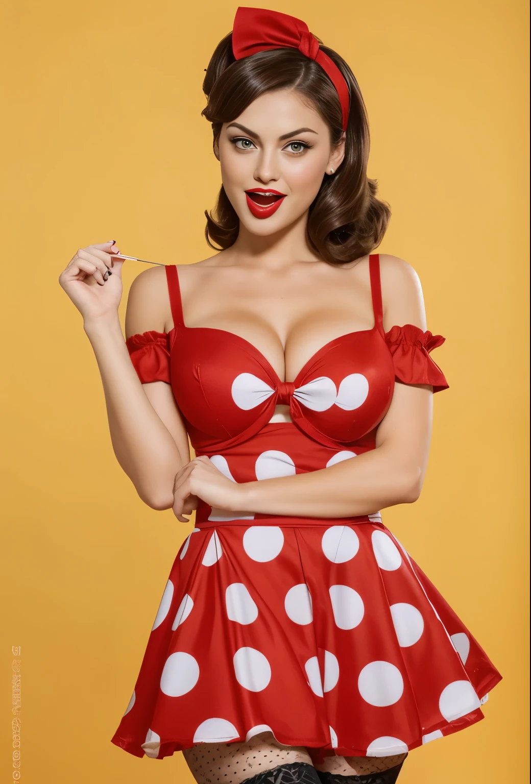 Full length photo of a girl squinting her eyes, realistically portraying a 35 year old woman as sexy Phoebe Tonkin and emotional she has big green eyes. She has brown hair, one eye is closed creating a mysterious and sexy image. Model dressed in pin-up style, Bob hairstyle. Her plump red lips make her look sexy. She has small breast size. She imitates an American housewife squinting her eyes., posing in various sexual positions. Against a white background, she appears in a red retro dress with large polka dots with a fluffy, voluminous ballerina skirt. She has a red bandana on her head, and on her feet there are red stockings. The photo is made in pin-up style, emphasizing the retro-USA vibe. She pursed her lips into a tube, slightly opened her mouth, squinted her eyes, and licked the lollipop., she has very big lips, her lips are big and red, one eye is closed, she laughs, she is very thin and tall, smiling