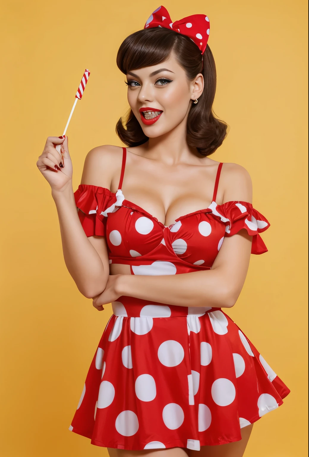 Full length photo of a girl squinting her eyes, realistically portraying a 35 year old woman as sexy Phoebe Tonkin and emotional she has big green eyes. She has brown hair, one eye is closed creating a mysterious and sexy image. Model dressed in pin-up style, Bob hairstyle. Her plump red lips make her look sexy. She has small breast size. She imitates an American housewife squinting her eyes., posing in various sexual positions. Against a white background, she appears in a red retro dress with large polka dots with a fluffy, voluminous ballerina skirt. She has a red bandana on her head, and on her feet there are red stockings. The photo is made in pin-up style, emphasizing the retro-USA vibe. She pursed her lips into a tube, slightly opened her mouth, squinted her eyes, and licked the lollipop., she has very big lips, her lips are big and red, one eye is closed, she laughs, she is very thin and tall, smiling