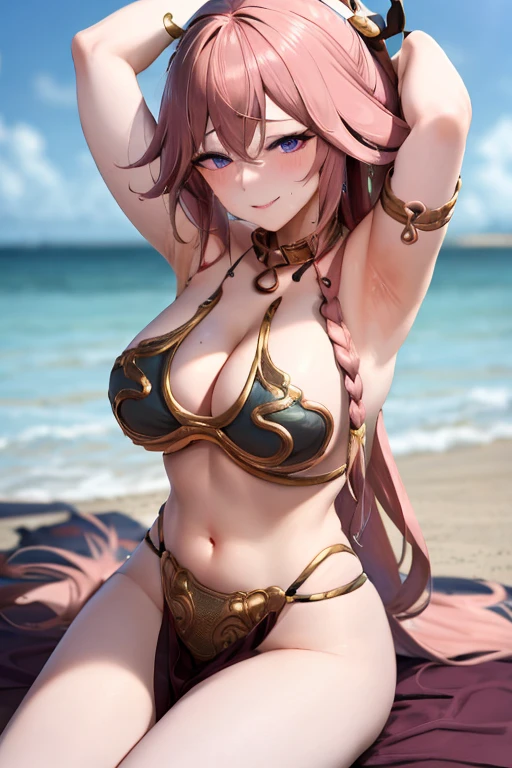 masterpiece, best quality, beautiful art, high resolution, well formed hands, body and fingers, 1 woman, solo, Yae Miko, wearing a slave Leia outfit, pelvic curtain, long hair, , adult, big breasted, cleavage, hair ribbon, full body, sexy and skimpy outfit , gorgeous legs, hips and thighs , she is doing exercise, warming up, working out, sexy and captivating training, looking at the viewer, smiling joyfully and happily , sweating , bouncing breasts , training montage session, beach environment
