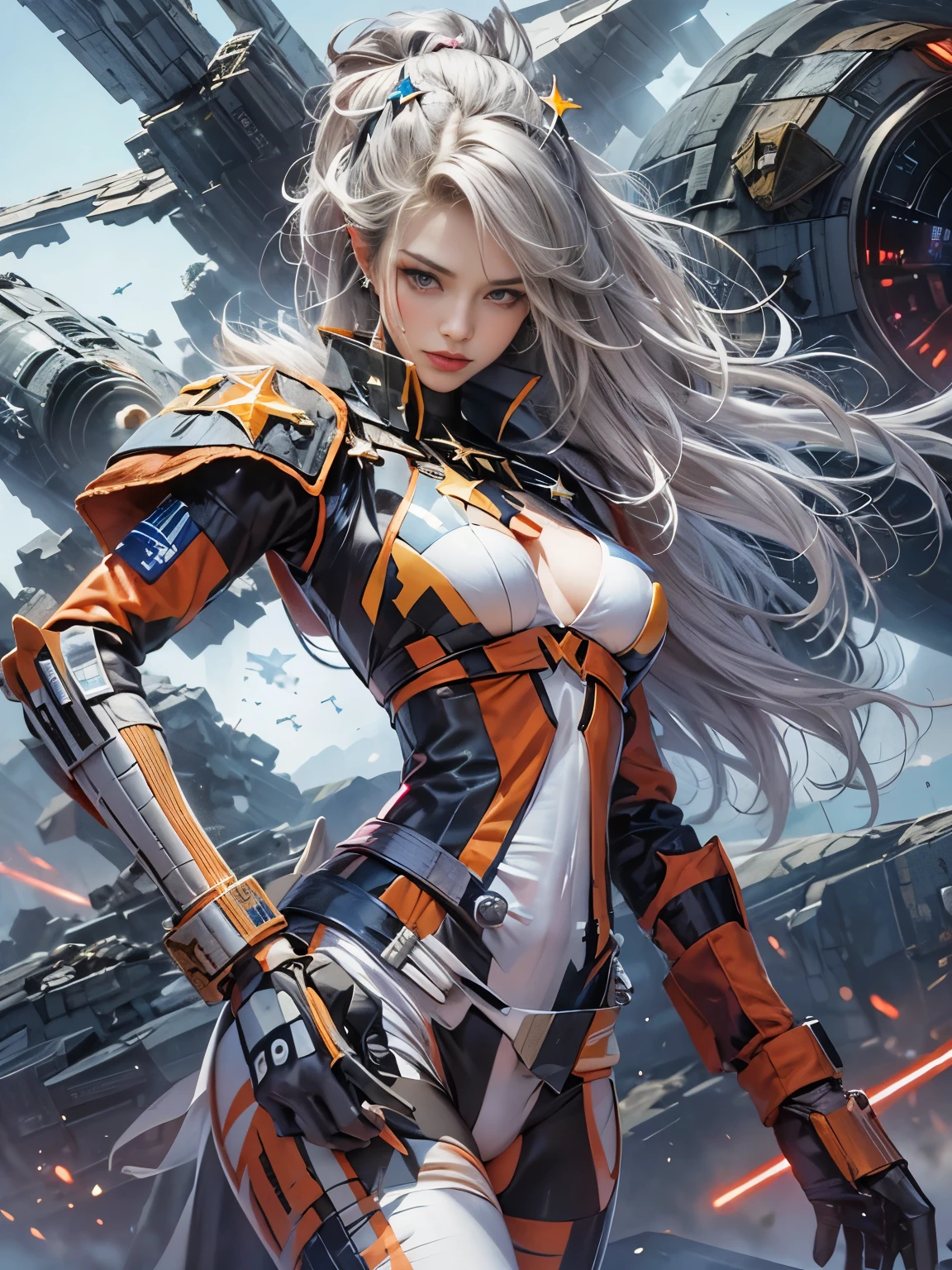 Zerg Queen Beautiful Girl: Ranlinger, 18 years old with slim body, (starfighter:1.6), Messy Hair, beautiful Perfect Face, Soft Skin, Perfect Face, Yasutomo Oka's painting style, Big firm Breasts, hard nipples, mechanical robot suit, breasts exposed, cleavage is exposed, Add light purple and purple, Add Light Red, Intricate details, Splash screen, 8K resolution, masterpiece, Sexy, Sharp Eyes, Break, white silver, dynamic sexy poses, sweat, (in battle, starship, starwars:1.4), Sharp Eyes, Break, Strong winds, Colorful light, stars, moon, universe 