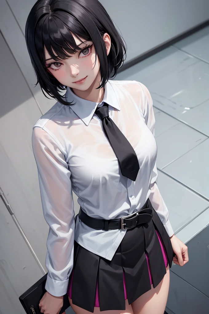 womam,woman,solo,juri han, work of art, tight white secretary shirt with black tie, black high waist skirt, short skirt, black hair, black tights,evil smile,office,franja nos olhos,lighting,chifre de cabelos,view from above,olhando para cima,maquiagem nos olhos