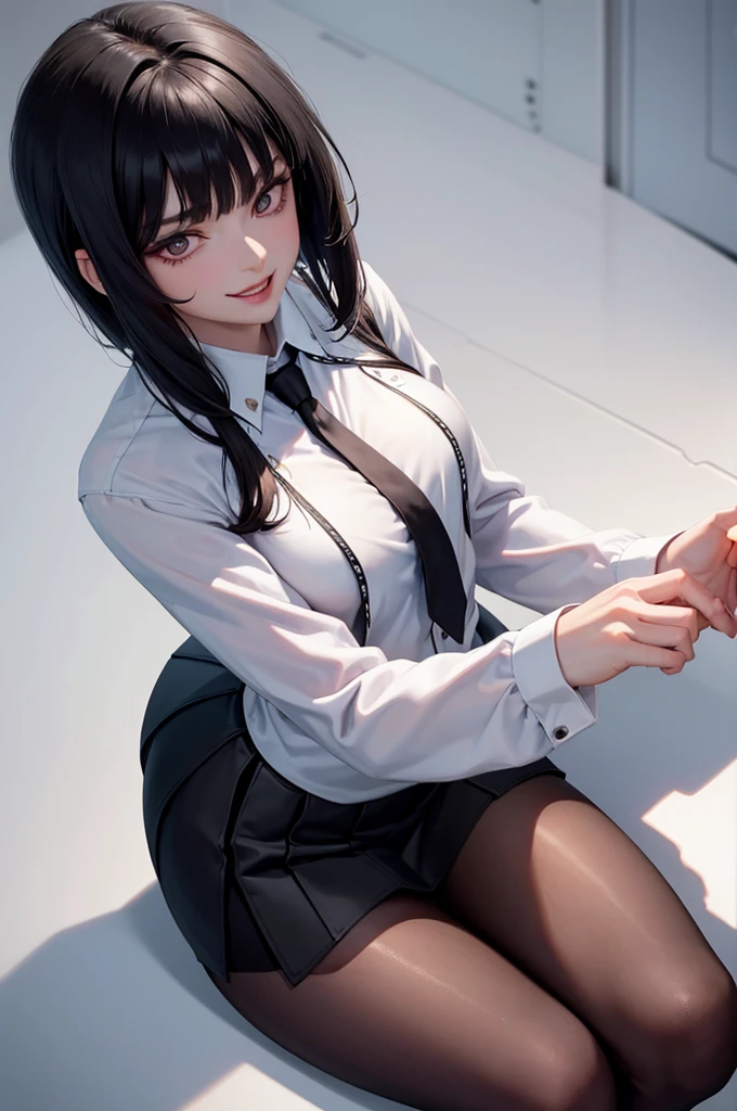 womam,woman,solo,juri han, work of art, tight white secretary shirt with black tie, black high waist skirt, short skirt, black hair, black tights,evil smile,office,franja nos olhos,lighting,chifre de cabelos,view from above,olhando para cima,maquiagem nos olhos