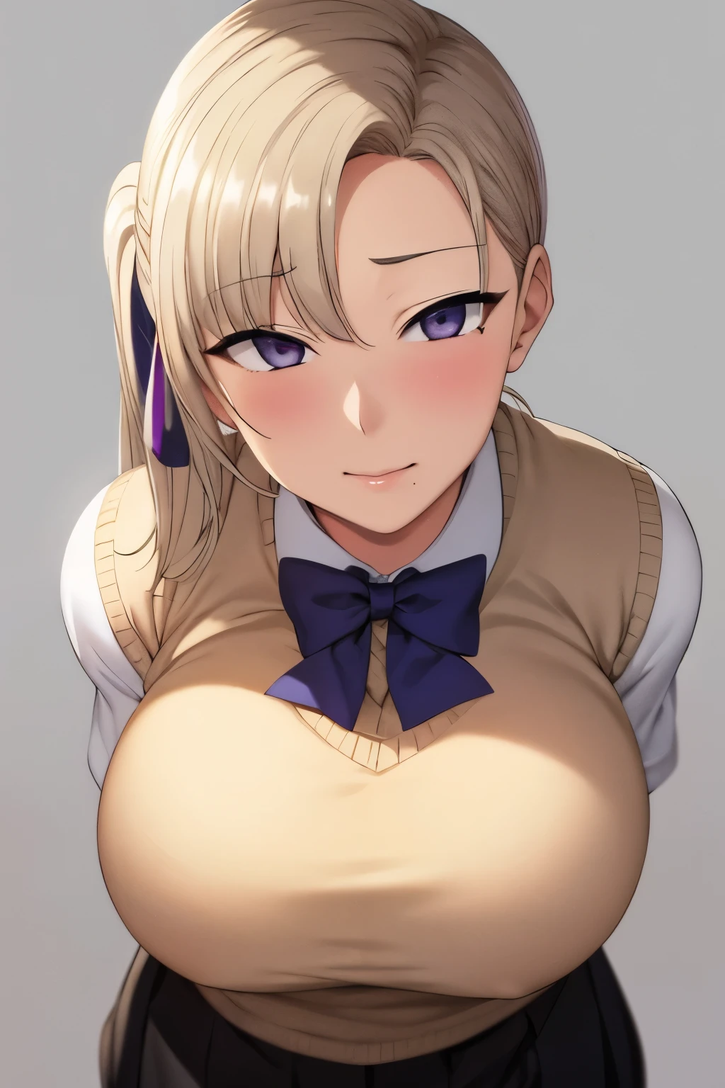 masterpiece, (highest quality), 1 female,One Girl,1 boy,,Kawakami_May, blonde, Hair length, Side Ponytail, Purple eyes, Sweater vest, uniform, skirt, Huge,ribbon, ヘアribbon, Mole under the eye,Sexy Woman, Embarrassing,blush, Bright colors,,Natural soft light,About RTTX10.0, , Beautiful poop, (Detailed face:1.2), Showcase, (Perfect Eyes:1.1) ,(Realistic:1.1), 8K Ultra HD, Look at the viewers, outside of home, Simple Background