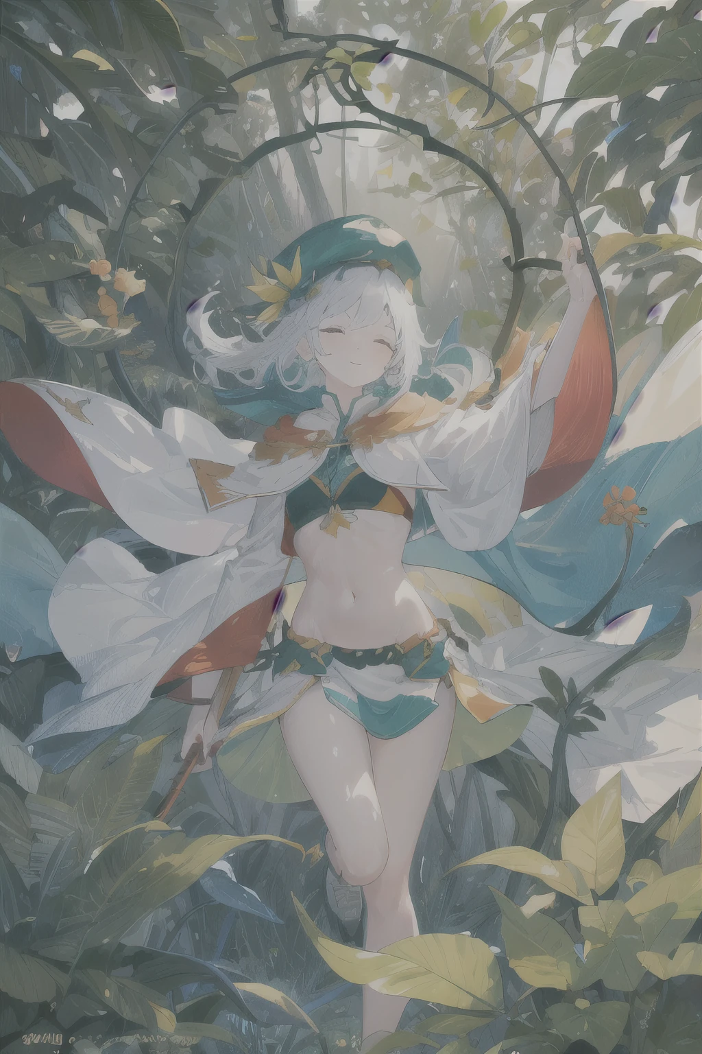 fantasy, 1forest林_element_girl, Fighting, (use_Leaves_clothing, green_Leaves_cover, Leaves_cover_Cat)+++,Dynamic_posture_permanent, Light_Smile, Sleepy, Moderate_hair, belly button,(dark_skin)+, Oil, (Winding_vine_About_trunk)++,,forest, Trees_background, Leaves_hat, green_Leaves_cape, catch_Large target_long_staff, thigh,( (8K:1.27), Top quality, masterpiece, Ultra-high resolution:1.2) Photo of a cute girl (beautiful:1.1),((best quality)), ((masterpiece)), (detailed), Perfect face
