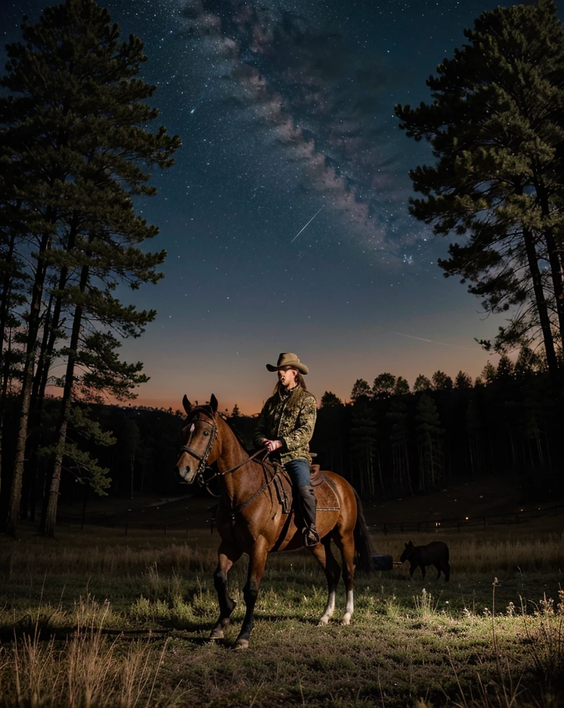 Hunter with dog,gun,horse,night,star,wild,hunting,trees,animals,beautiful sky