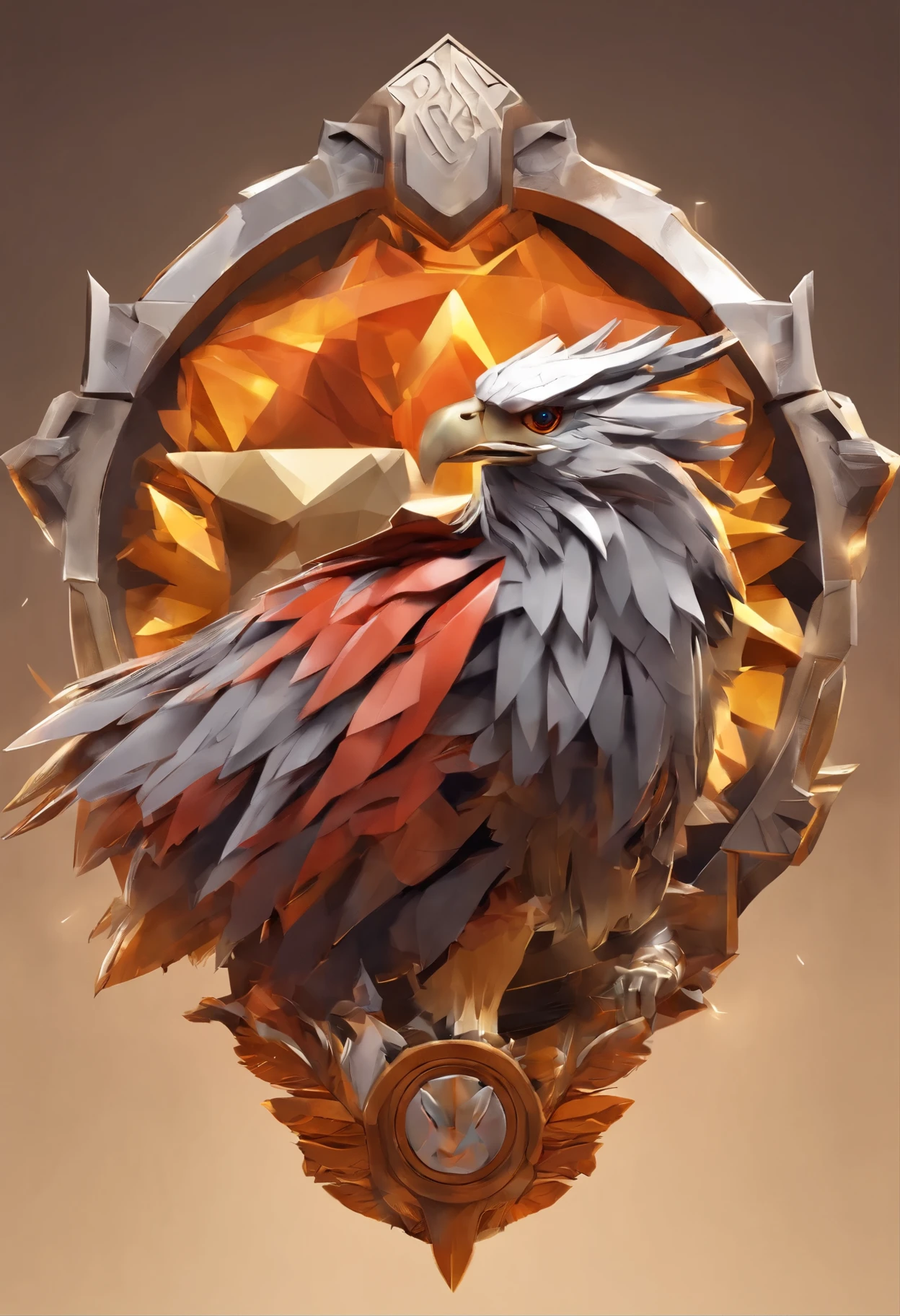 Wild city medallion with metal griffin close-up with crown, Hearthstone art style, Hearthstone style art, barbarism, savagery, violence, three factions, power, circle, hearthstone concept art, Riot game concept art, league of legends, iconic character welcome art, league of legends crown，Game badge，Surrounding metal feathers，orange gold，c4d rendering，Less details, red
