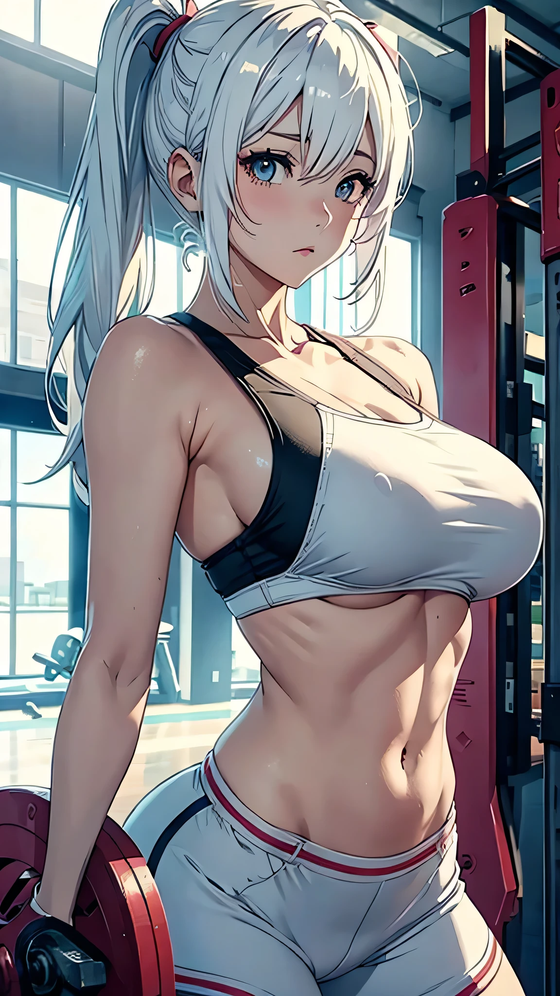 Anime girl big boob
Tight bra
White hair
In gym