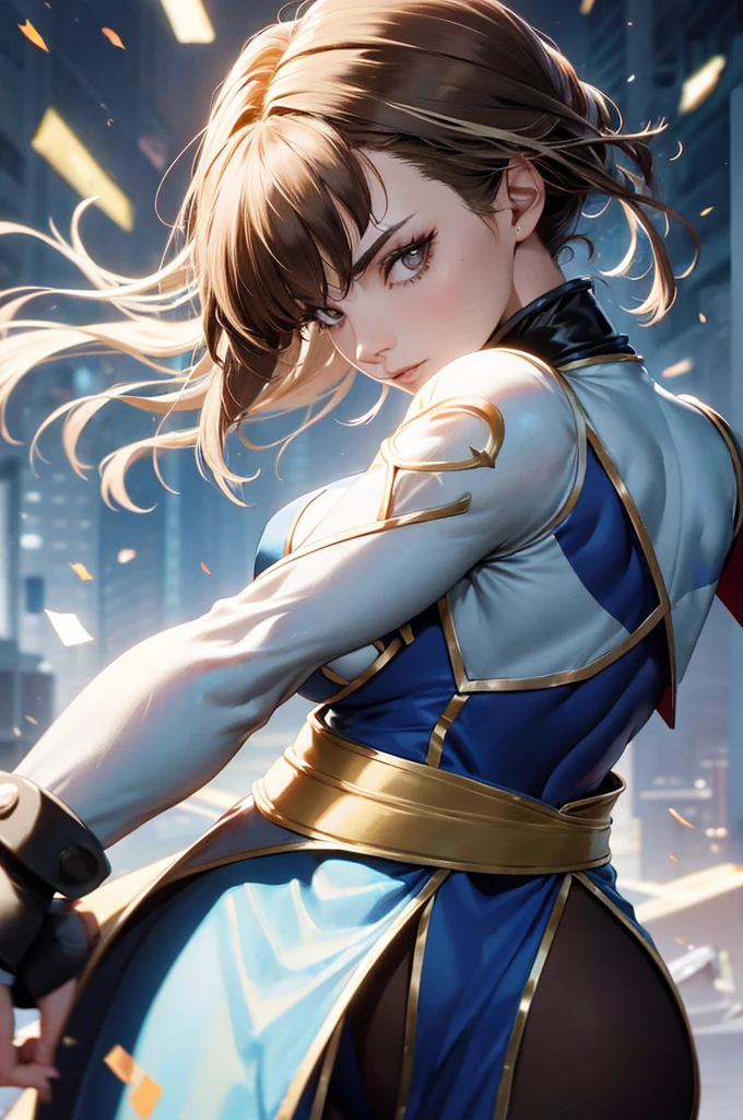 straight-on,pose,looking at viewer,solo, BREAK, CARTOON_rogue_costume_ownwaifu, www.ownwaifu.com, two-tone hair, brown hair, white hair, short hair, makeup, lipstick, hair between eyes, breasts, grey eyes, purple lips, eyeshadow, nose, medium breasts, split-color_hair, lips, pale skin, toned, narrow waist, curvy, collarbone, belt, bodysuit, armor, belt buckle, brown gloves, shoulder pads, turtleneck, yellow belt, skin tight, BREAK,, official art,extremely detailed CG unity 8k wallpaper, perfect lighting,Colorful, Bright_Front_face_Lighting,shiny skin, (masterpiece:1.0),(best_quality:1.0), ultra high res,4K,ultra-detailed, photography, 8K, HDR, highres, (absurdres:1.2), Kodak portra 400, film grain, blurry background,(vibrant_color:1.2),professional photograph,