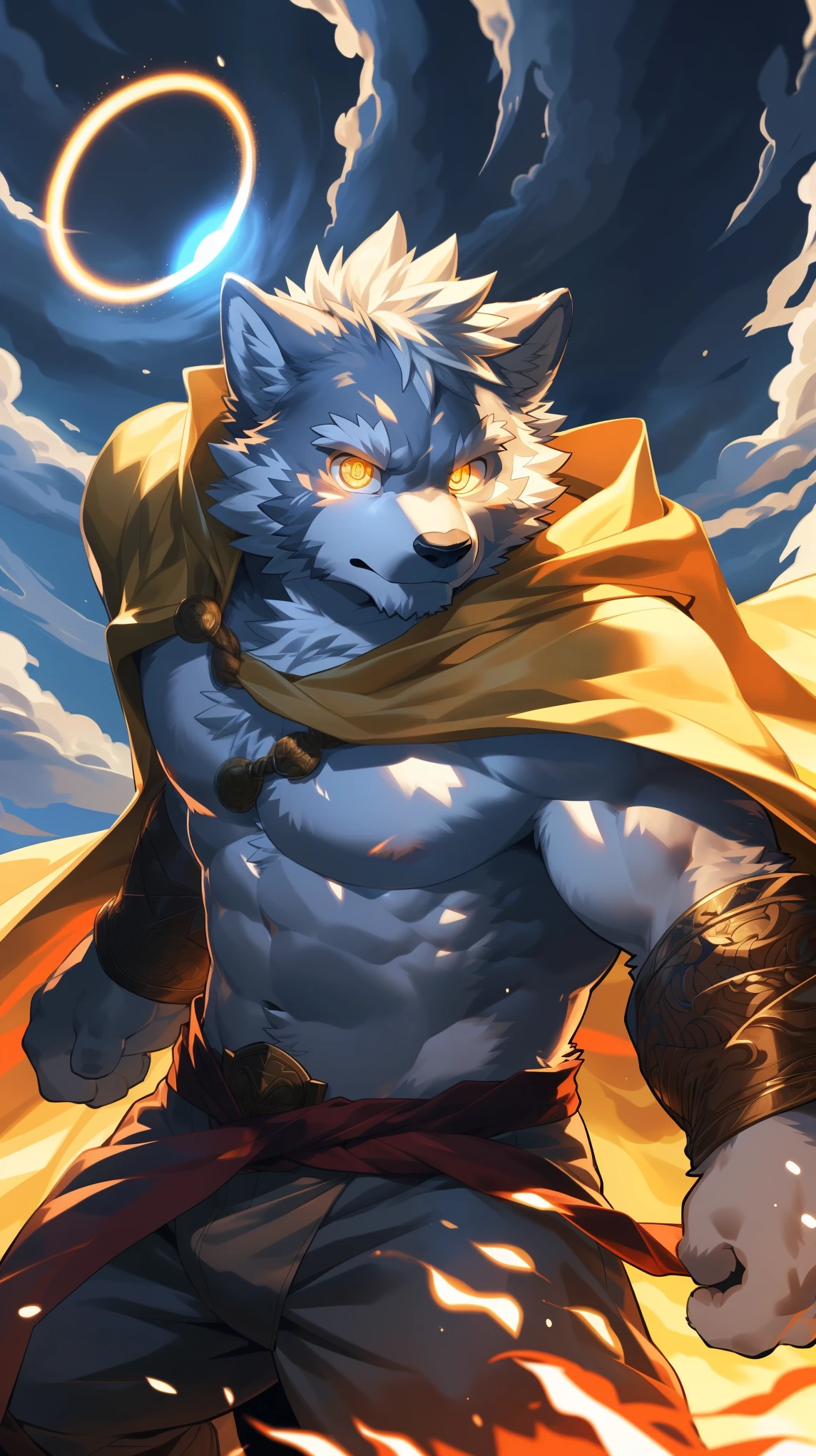 male, furry, anthro, solo, blue fur, red eyes, (Realistic eye details 1.2), urbansamuraiwear, abs, Masterpiece, dramatic lighting, soft lighting, day, highly detail, Hair coiled, detail fur, perfect body