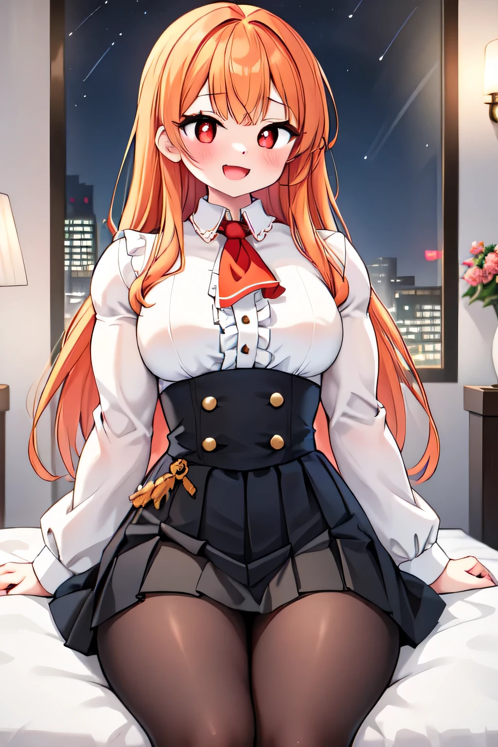 ((best quality)), ((masterpiece)), (detailed), (perfect anatomy), (exquisite clothing);
1girl, solo, bedroom, night time, sitting;
Perfect face, orange hair, very long hair, fanged bangs, sidelocks, blushing, red eyes, bright pupils, happy, joyful, smiling, open mouth;
Tall, mature, (bulky:1.2), deltoids, trapezius, medium breasts, thick arms, biceps, triceps, covered navel, abs, wide hips, thick thighs, glutes, quads, lats, hamstrings; 
(White dress shirt, center frills, long sleeves), red ascot, (underbust, black skirt, high-waist, pleated), black pantyhose.