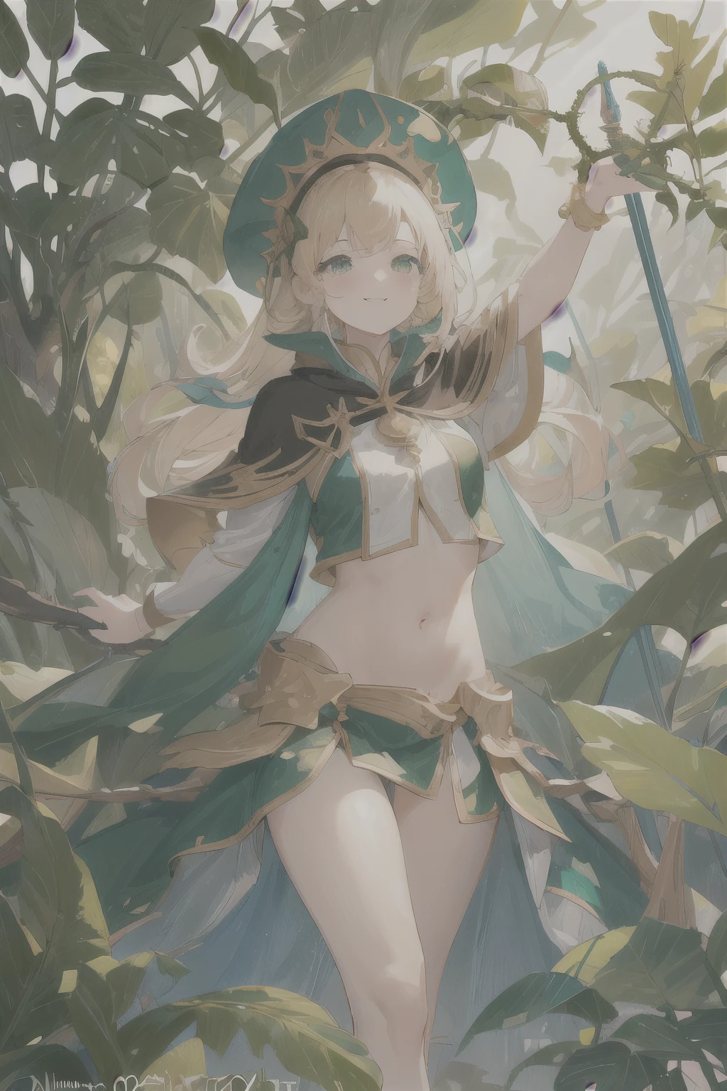 fantasy, 1forest林_element_girl, Fighting, (use_Leaves_clothing, green_Leaves_cover, Leaves_cover_Cat)+++,Dynamic_posture_permanent, Light_Smile, Sleepy, Moderate_hair, belly button,(dark_skin)+, Oil, (Winding_vine_About_trunk)++,,forest, Trees_background, Leaves_hat, green_Leaves_cape, catch_Large target_long_staff, thigh,( (8K:1.27), Top quality, masterpiece, Ultra-high resolution:1.2) Photo of a cute girl (beautiful:1.1),((best quality)), ((masterpiece)), (detailed), Perfect face