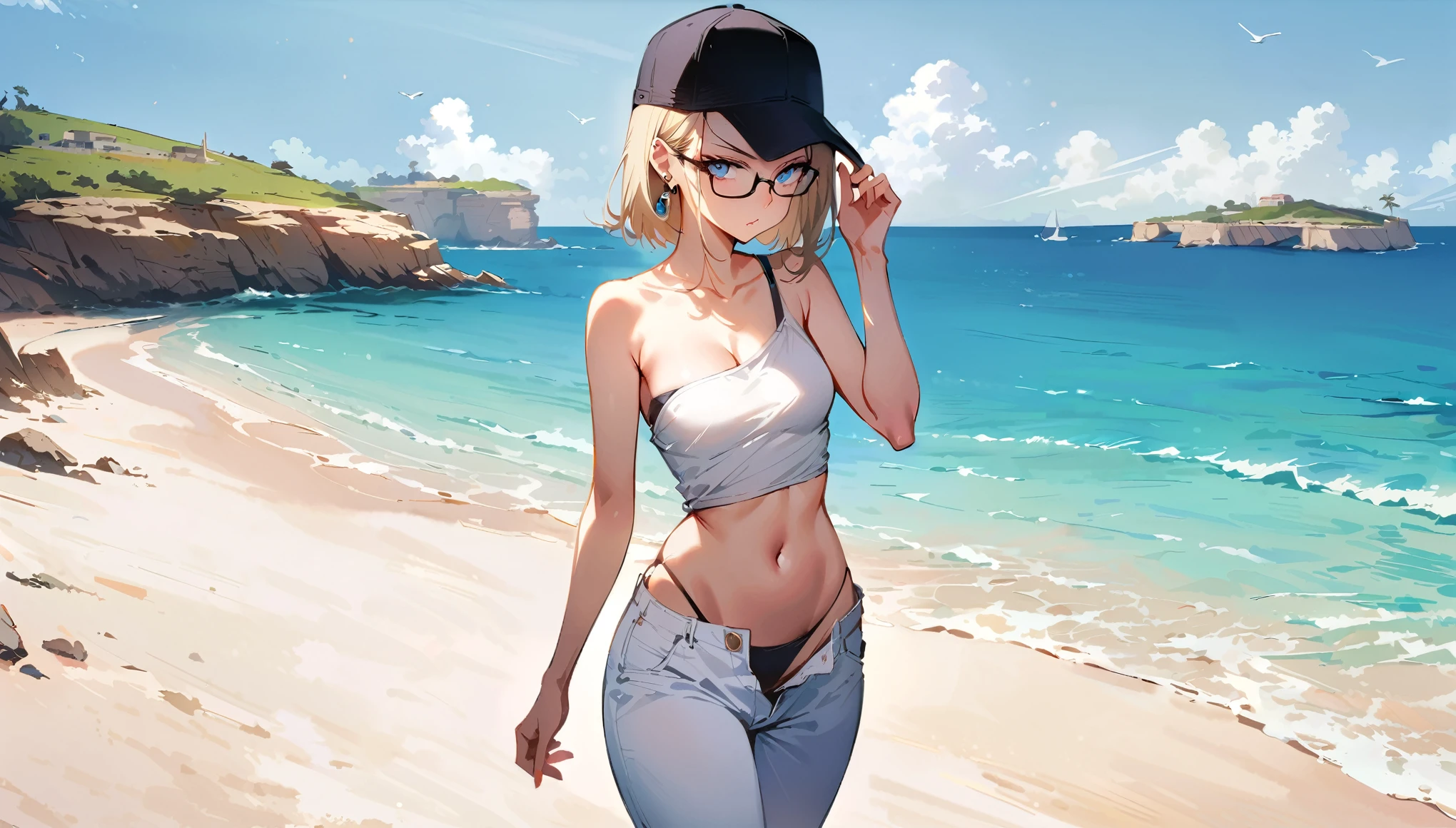 (masterpiece, best quality:1.2), full body shot, solo, Android 18 from Dragon Ball, collarbone, cleavage, ((slip-on one-shoulder crop top)), (light gray top:1.2), no jacket, midriff-baring, navel, ((white baggy pants with one button undone)), skimpy thong swimsuit, light gray swimsuit, small breasts, short blonde hair loose, ((blue eyes)), ((wearing glasses)), earrings on earlobes, slender feminine figure, narrow waistline, skinny body, (plane black baseball cap), (cap without logo), beach sandals, sunlight, walking, beach, small island, Malta, facing the camera, blur background, 4K