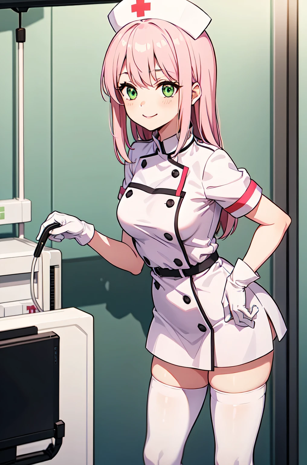 1woman, solo, nurse, white nurse cap, white nurse uniform, ((white legwear, zettai ryouiki)), white gloves, pink hair, green eyes, drooping eyes, ((white surgical mask, covered nose)), standing, ((hospital room)), sharp outline, short sleeves, mature female, 32 years old, best quality, masterpiece