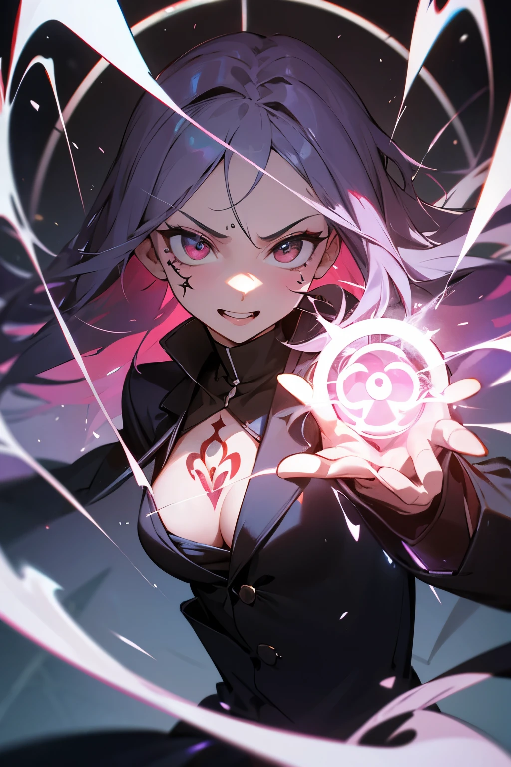 1 adult woman, (Ecstatic face), teasing to viewers, wearing smart coat, white magic circle in the background, glaring to viewer, soft clothes, cleavage, Sigh, heart mark, (masterpiece), ultra detailed, vividly depicted painting, aura, precise background, (geometry tattoo), (cinematic), elaborate, (gritty), point to viewers, a small red magic that shine at fingertips, teeth, dynamic posing for photo,