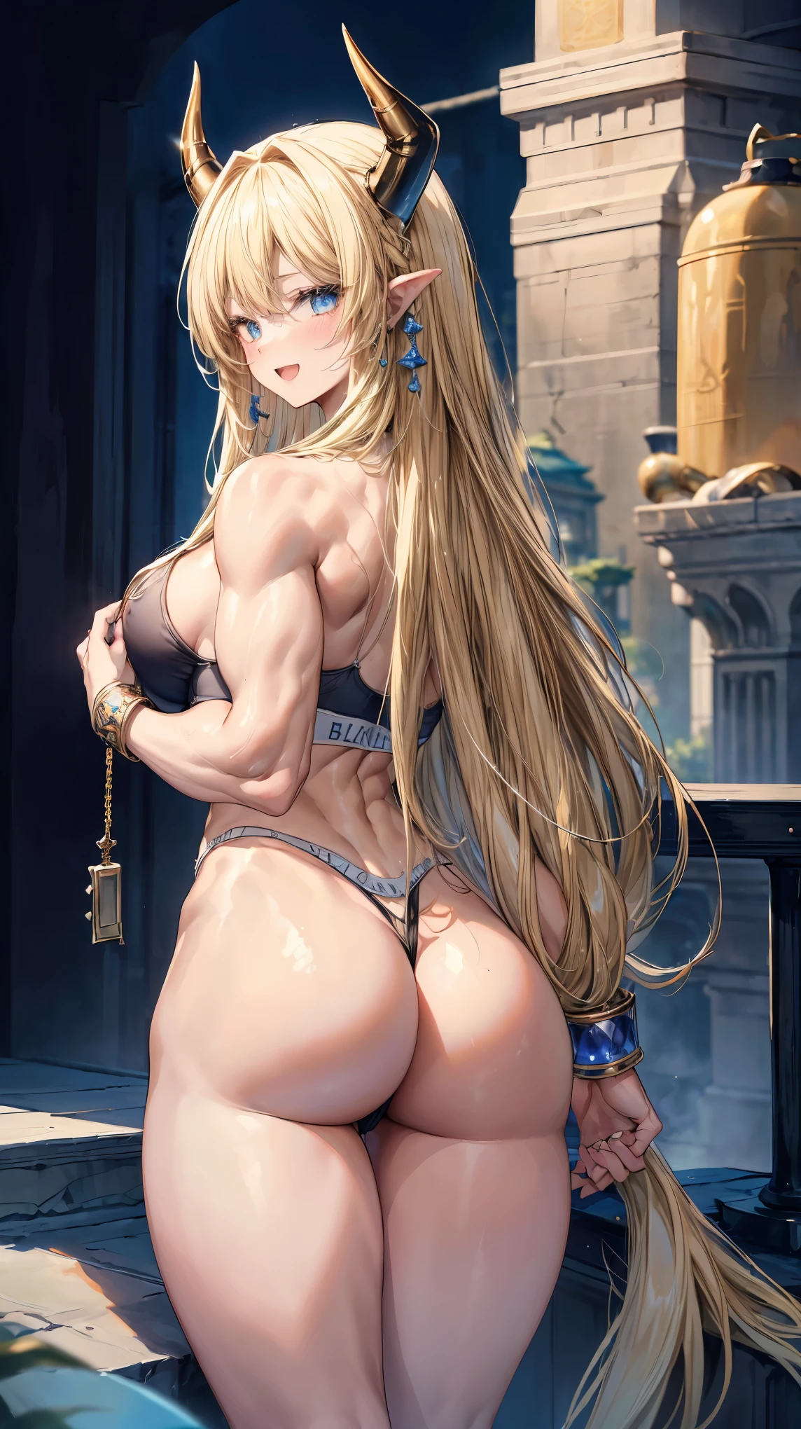 Very detailed、highest quality、Best image quality、masterpiece、8k、Sparkling Blue Eyes、Anime Face、A kind smile、Open Mouth、(Blonde long hair:1.5)、(SFW Giant)、Rear View、Cowboy Shot、(Thong:1.5)、(Muscles of the whole body)、Horn、ckundies