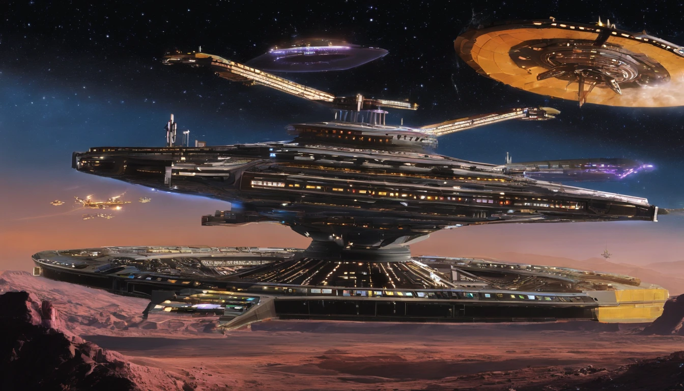 (((The space station is massively bigger than Babylon 5, but in the shape of Deep Space 9))). (((The space station has 6 O'Neal Class space stations off in 5 different equilateral directions, & 1 down the middle))). It's 10 times bigger than Saturn, and generates it's own power. There are hundreds of starships going to & fro, from the station, at any hour of the day. The station is in the center of the foreground. There are many stars, a nebula, and a comet, in the background. Use the following styles:conceptual art, protovision,3d render, architecture, portrait photography, cinematic, diamond, Walter Matt Jeffries, Issac Asimov, Stanley Kubrick, and Larry Niven.