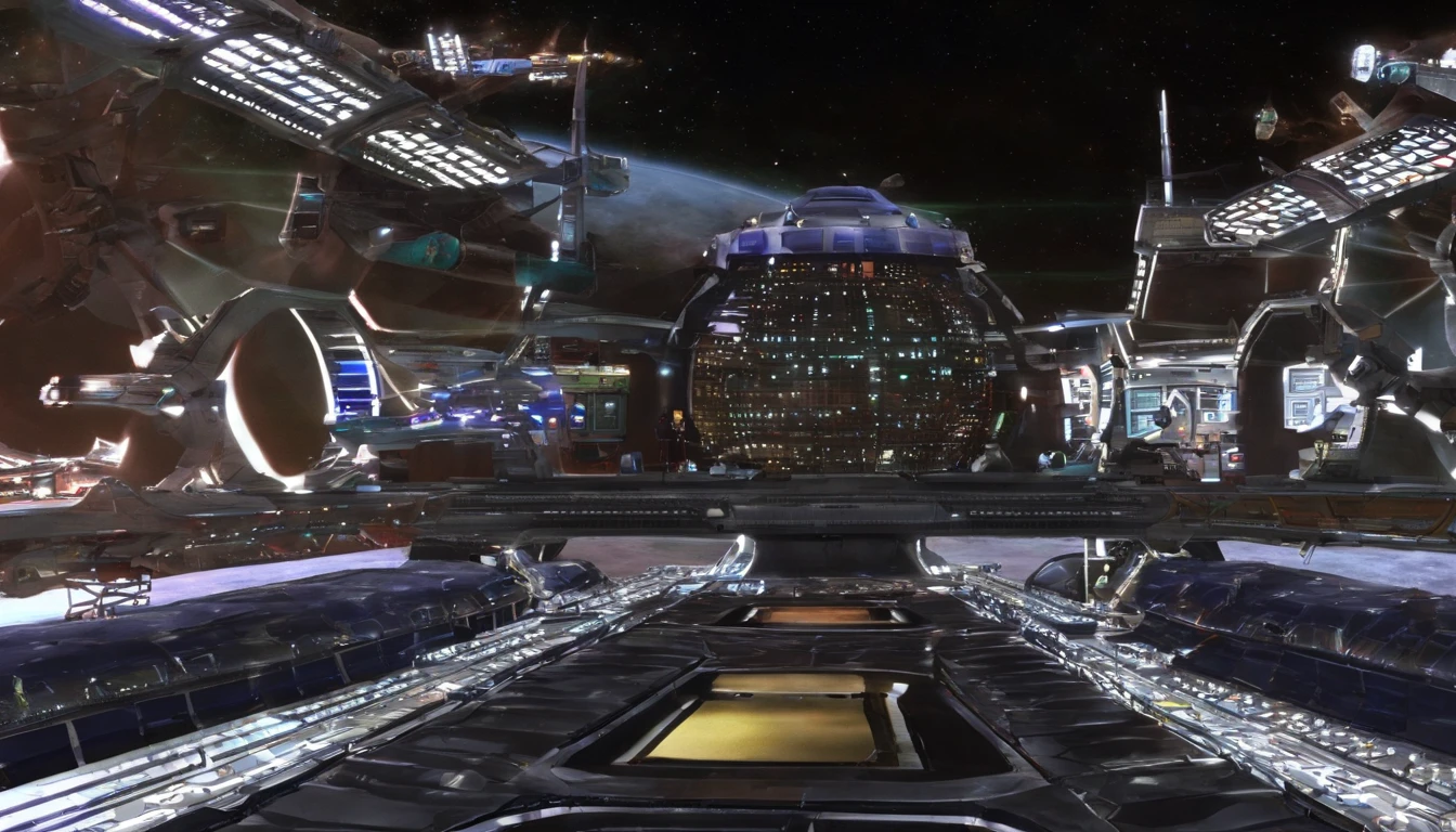 (((The space station is massively bigger than Babylon 5, but in the shape of Deep Space 9))). (((The space station has 6 O'Neal Class space stations off in 5 different equilateral directions, & 1 down the middle))). It's 10 times bigger than Saturn, and generates it's own power. There are hundreds of starships going to & fro, from the station, at any hour of the day. The station is in the center of the foreground. There are many stars, a nebula, and a comet, in the background. Use the following styles:conceptual art, protovision,3d render, architecture, portrait photography, cinematic, diamond, Walter Matt Jeffries, Issac Asimov, Stanley Kubrick, and Larry Niven.