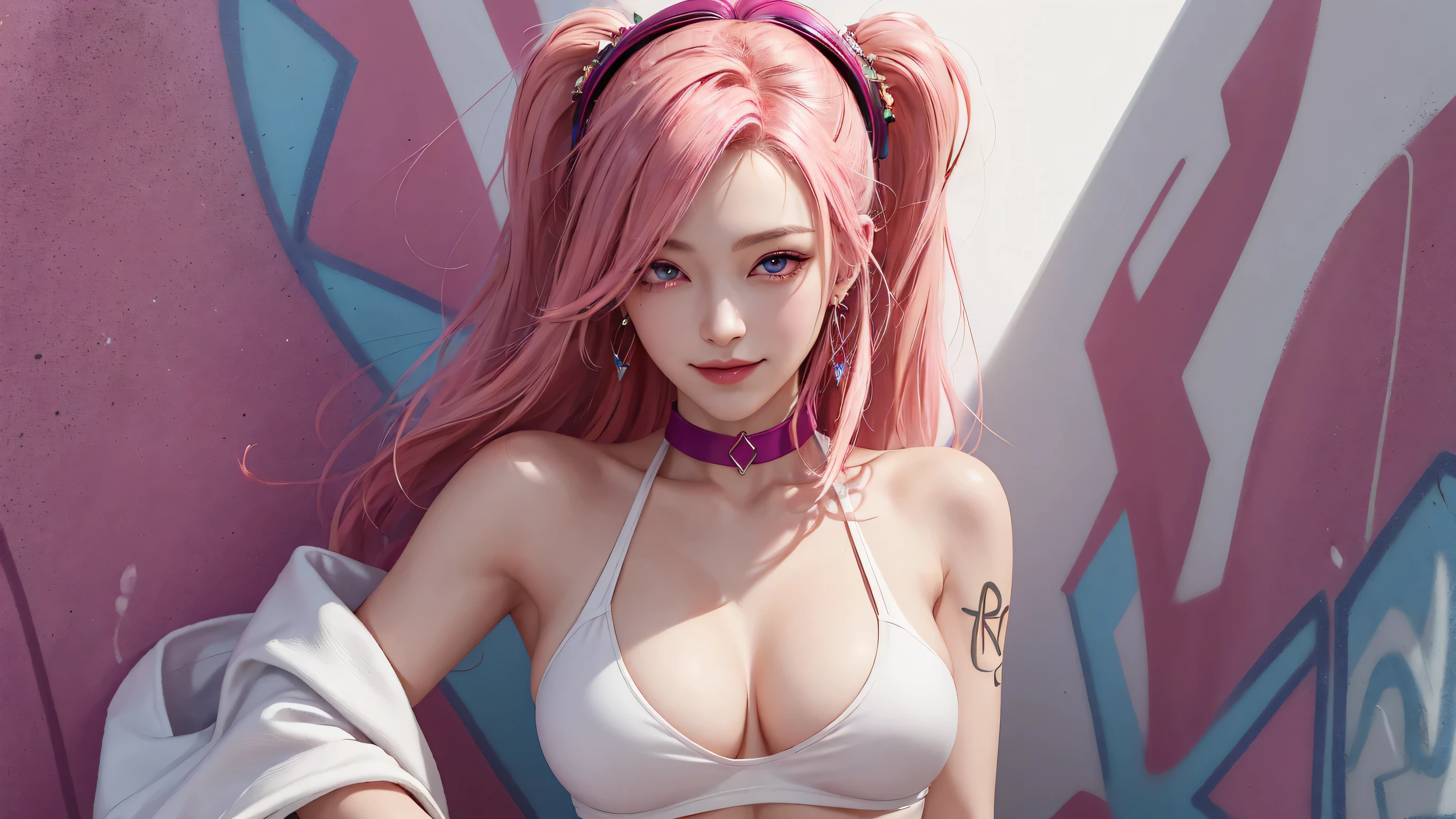 (Masterpiece, best quality, 1 girl, alone, complicated details, Chromatic aberration), realistic, ((Moderate breath)),long hair, pink hair, Red headpiece, Pink Highlights, hair on one eye,purple eyes, earring, sharp eyes, choker, Neon coat, She wears a collar, bangle, and kimono style garters., crop top, (symmetrical eyes),(Perfect symmetrical body),against the wall, Brick wall, (colorful graffiti words on the wall:1.2), The light is dim., alley ,Look at the viewer.、Dig the chest、smile、(sleeveless、Navel touch、Fitted turtleneck.)、street string hot pants、Thin bottom、Please build above the eaves..、Thin shoulders、in underwear、