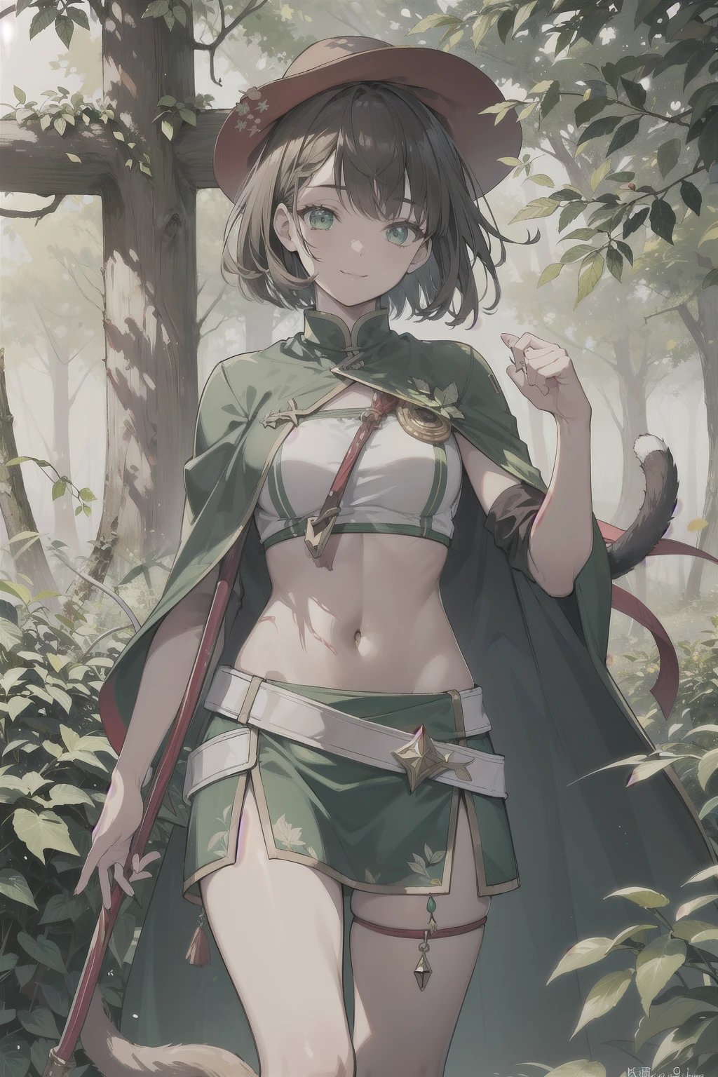fantasy, 1forest林_element_girl, Fighting, (use_Leaves_clothing, green_Leaves_cover, Leaves_cover_Cat)+++,Dynamic_posture_permanent, Light_Smile, Sleepy, Moderate_hair, belly button,(dark_skin)+, Oil, (Winding_vine_About_trunk)++,,forest, Trees_background, Leaves_hat, green_Leaves_cape, catch_Large target_long_staff, thigh,( (8K:1.27), Top quality, masterpiece, Ultra-high resolution:1.2) Photo of a cute girl (beautiful:1.1),((best quality)), ((masterpiece)), (detailed), Perfect face